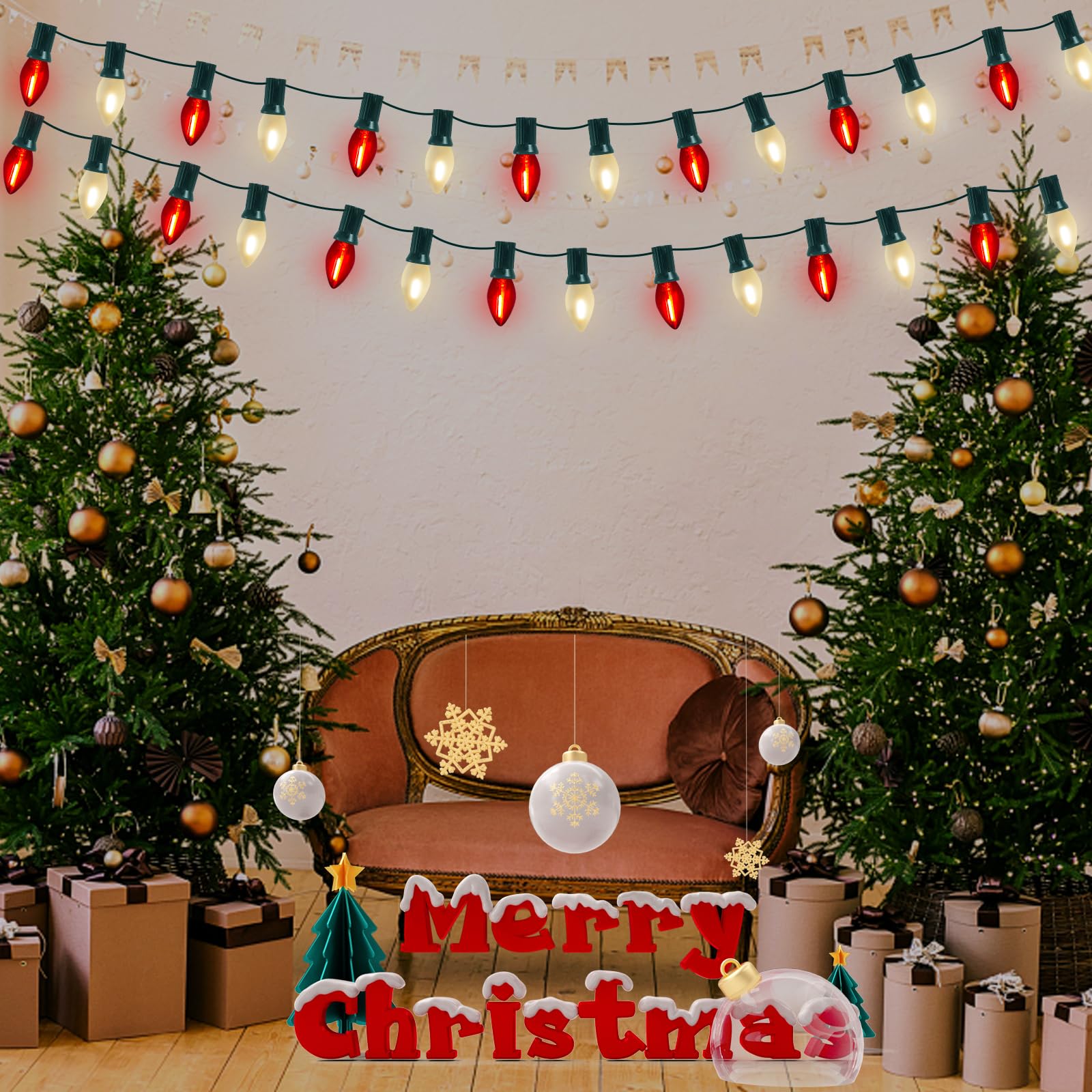 C7 Led Red And Frosted White Christmas Lights 25Ft Outdoor Christmas Decorations String Lights With 27 Shatterproof Led Bulbs, H