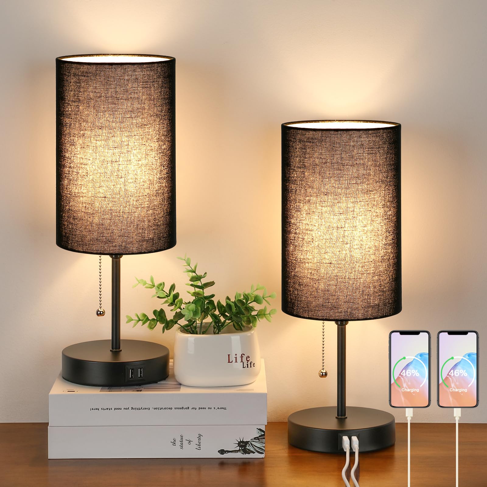 Set of 2 Table Lamps with 2 USB Ports, Bedside Lamps for Bedrooms, Modern Nightstand Lamps with Pull Chain, Minimalist Desk Lamp