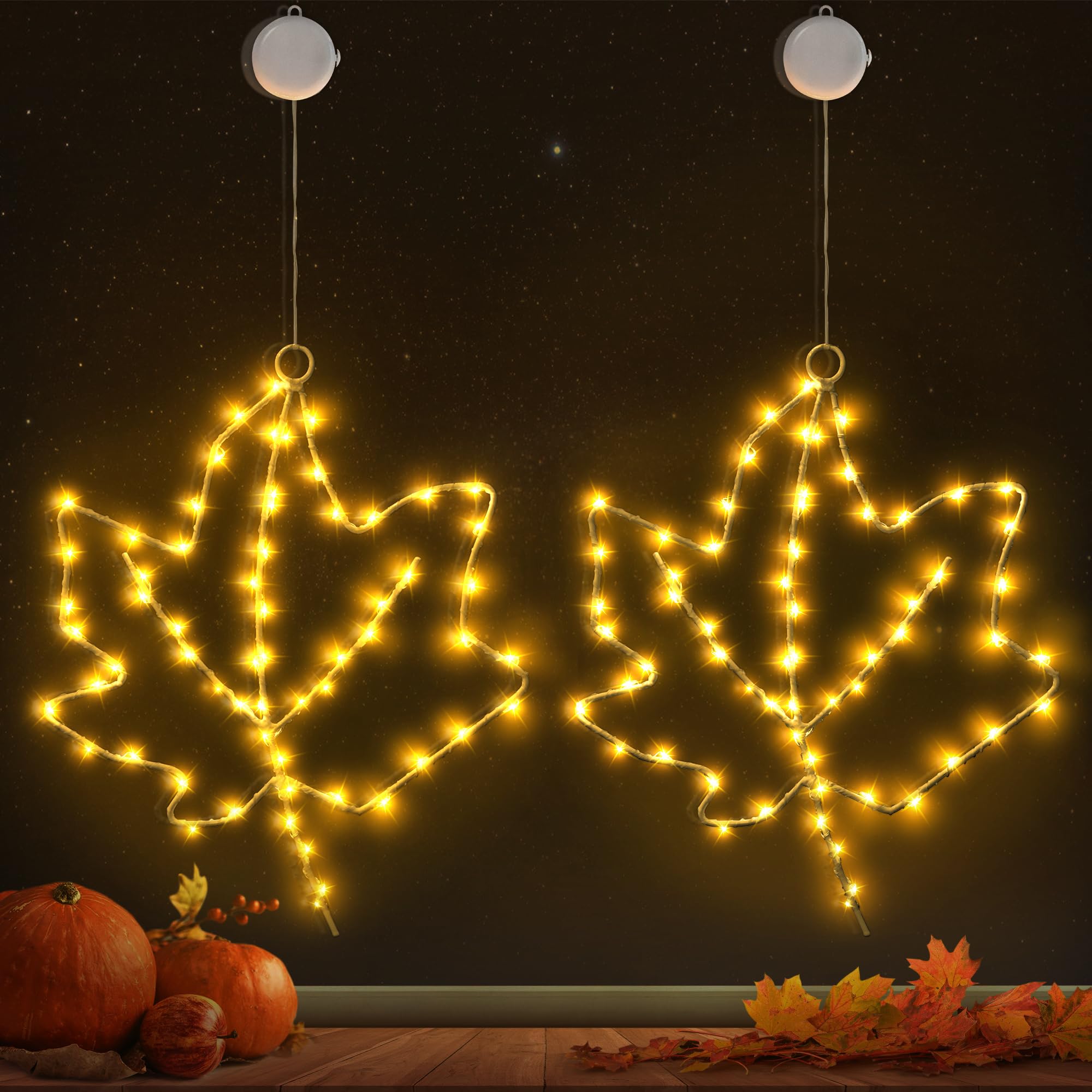 BlcTec Thanksgiving Decorations for Home 2 Pack 10Inch Maple Leaves Thanksgiving Window Lights with Suction Cups, Timer, Battery