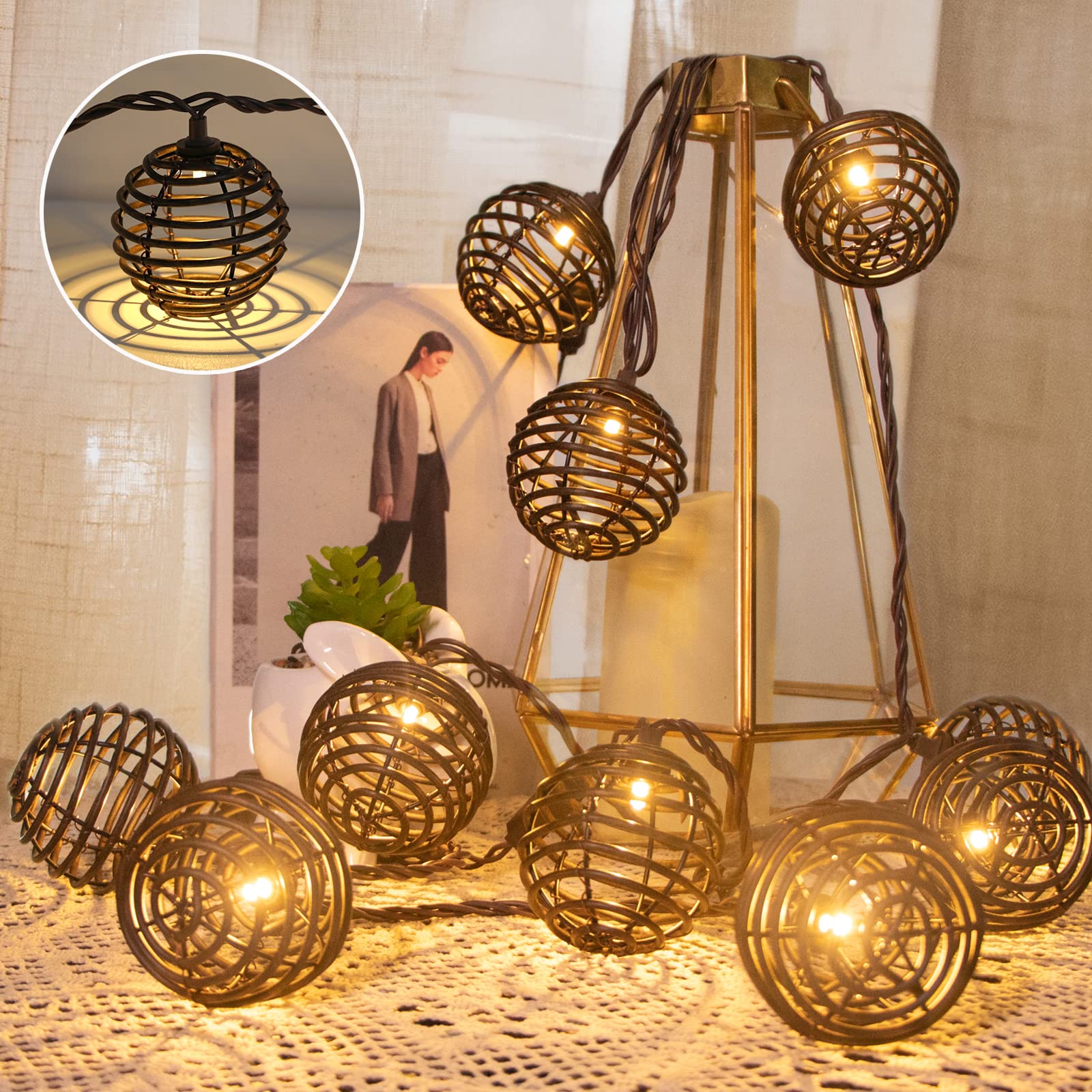 Vigdur Decorative - Rattan Ball String Lights with 10 Led Bulbs Plug in Rattan Lantern String Lights for Patio Garden Backyard P