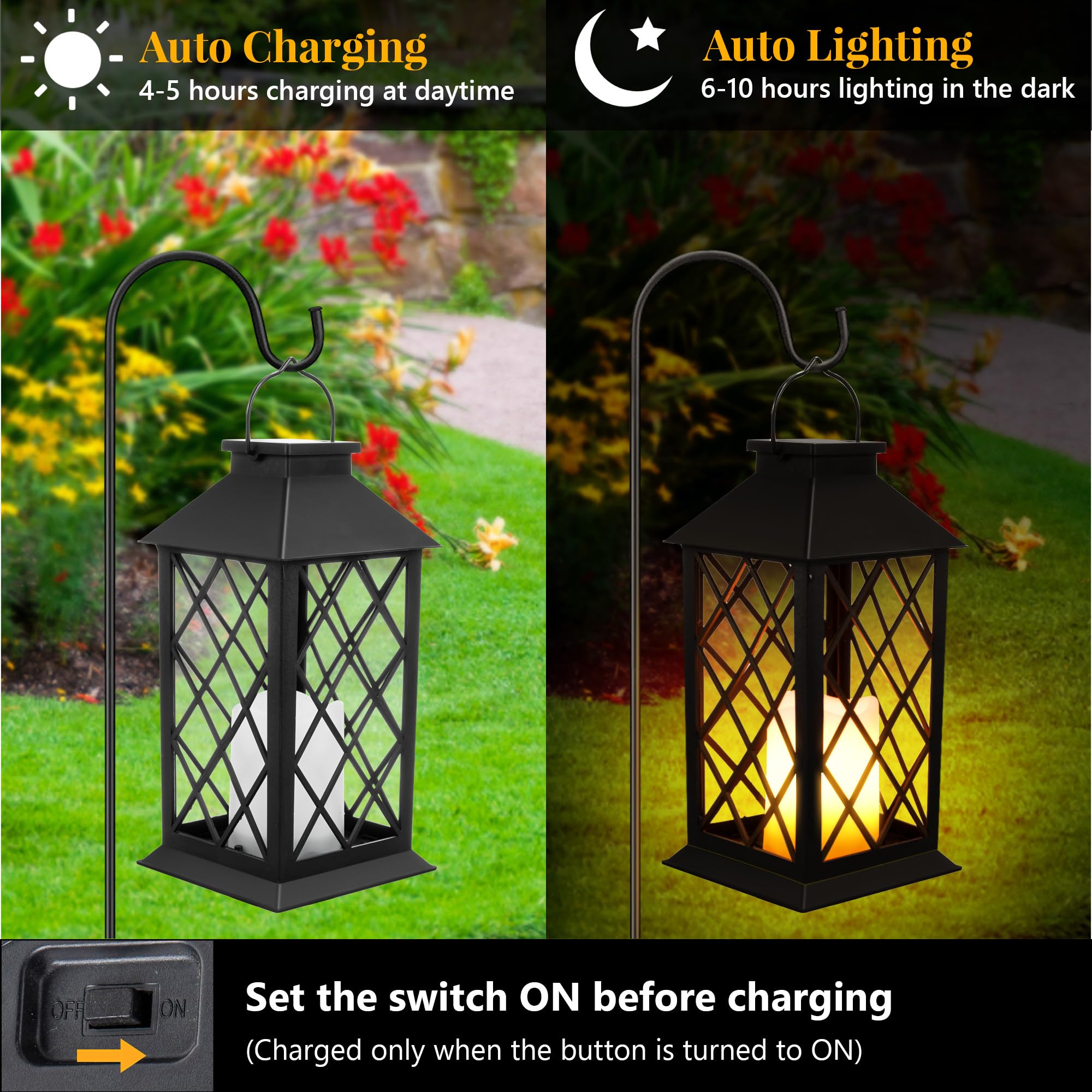 Meonum 2 Pack Solar Hollow Lanterns - Waterproof Led Flickering Flameless Candle Lights, Black