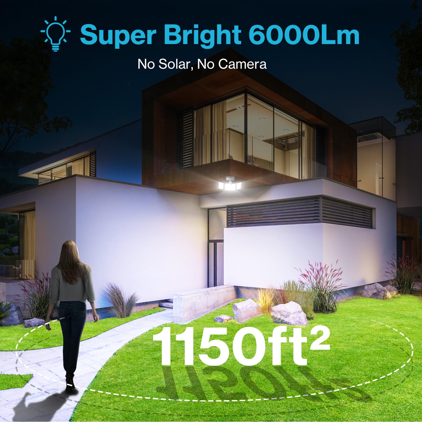 Olafus 65W Motion Sensor Outdoor Light, 6000LM, 6500K, 3 Adjustable Heads, IP65 Waterproof, 2 Pack, White, Model BDB55G