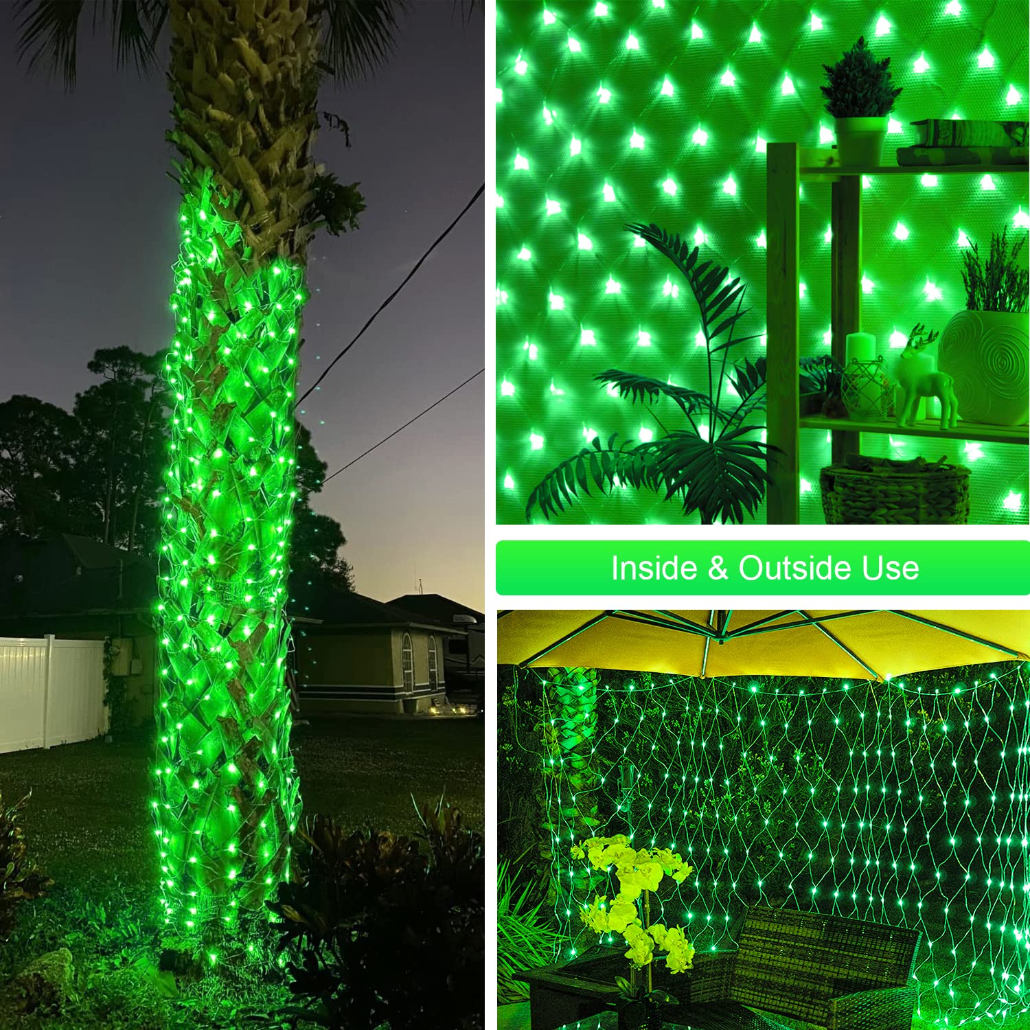JMEXSUSS Green Christmas Net Lights 360 LED 12ft x 5ft, 8 Modes, Remote, Connectable, Transparent Wire