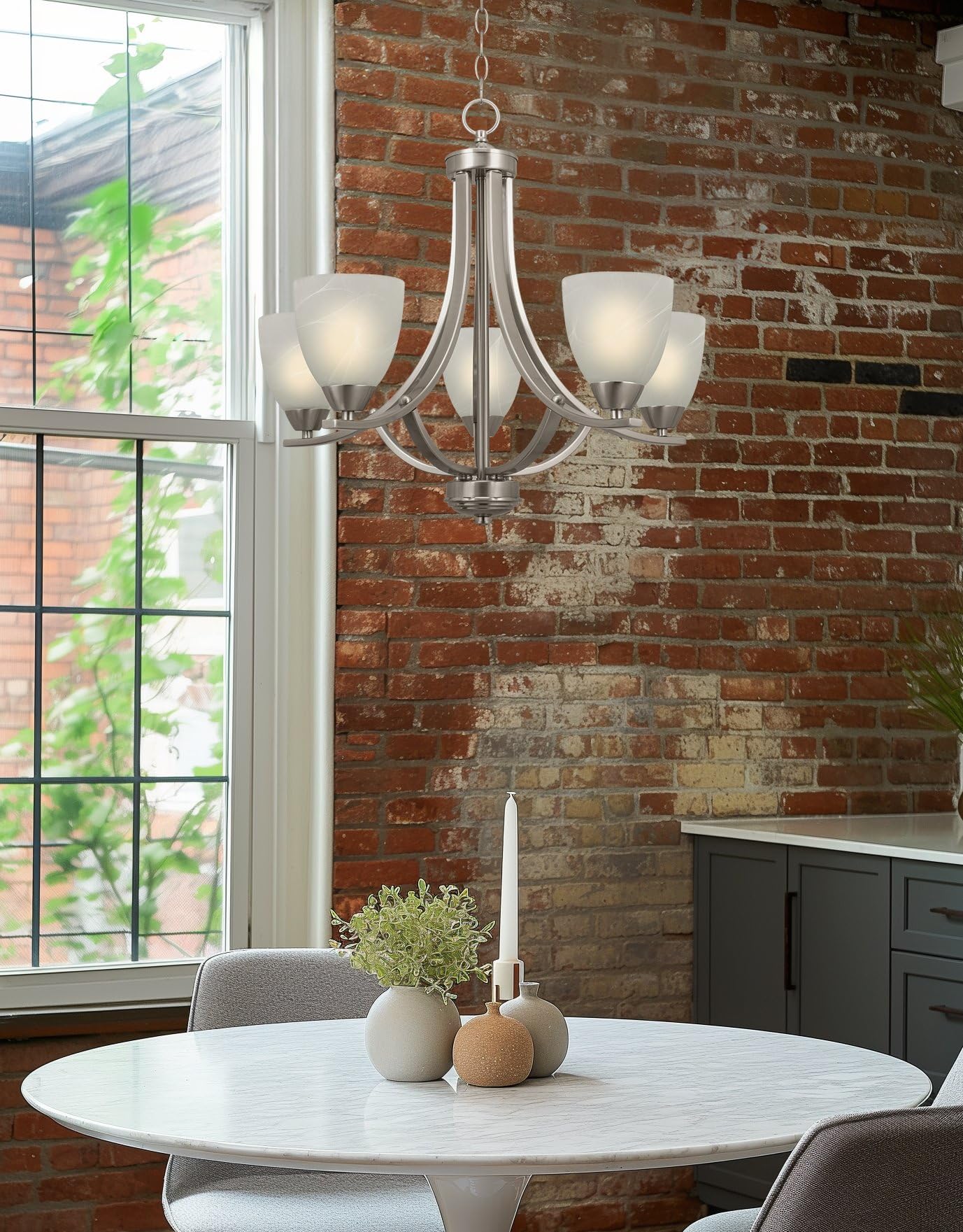 Kira Home Weston 24" 5-Light Large Chandelier, Brushed Nickel, Alabaster Glass Shades, Adjustable Chain, Model RV-CC1185232-BN