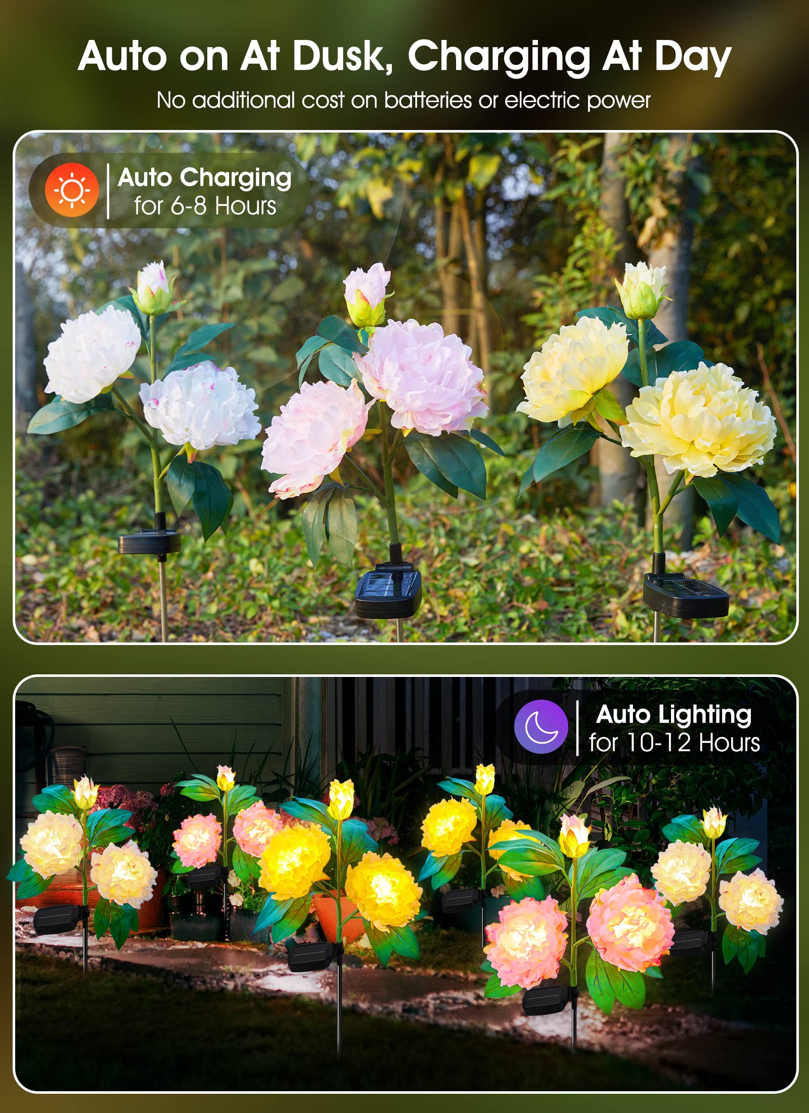 Brightown Solar Garden Lights - 3 Pack Waterproof LED Peony Design, Larger Solar Panel, Outdoor Pathway Decoration