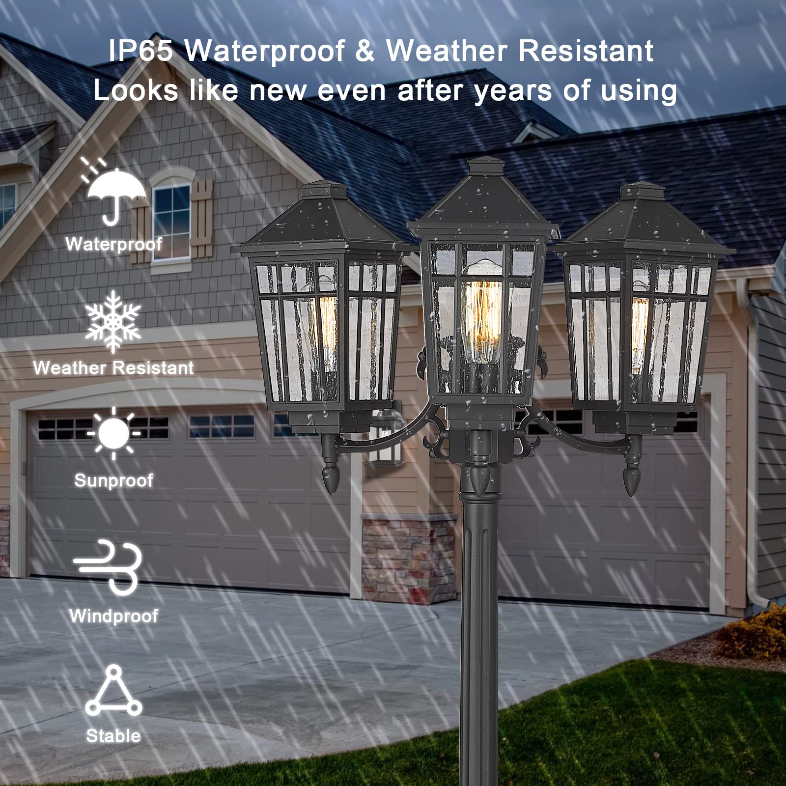 Darkaway Outdoor Post Light 3-Head Outdoor Street Light Pole Lamp Posts Road Lighting Waterproof Aluminum With Glass Outside Lighting Fixture For Backyard Garden Patio Pathway