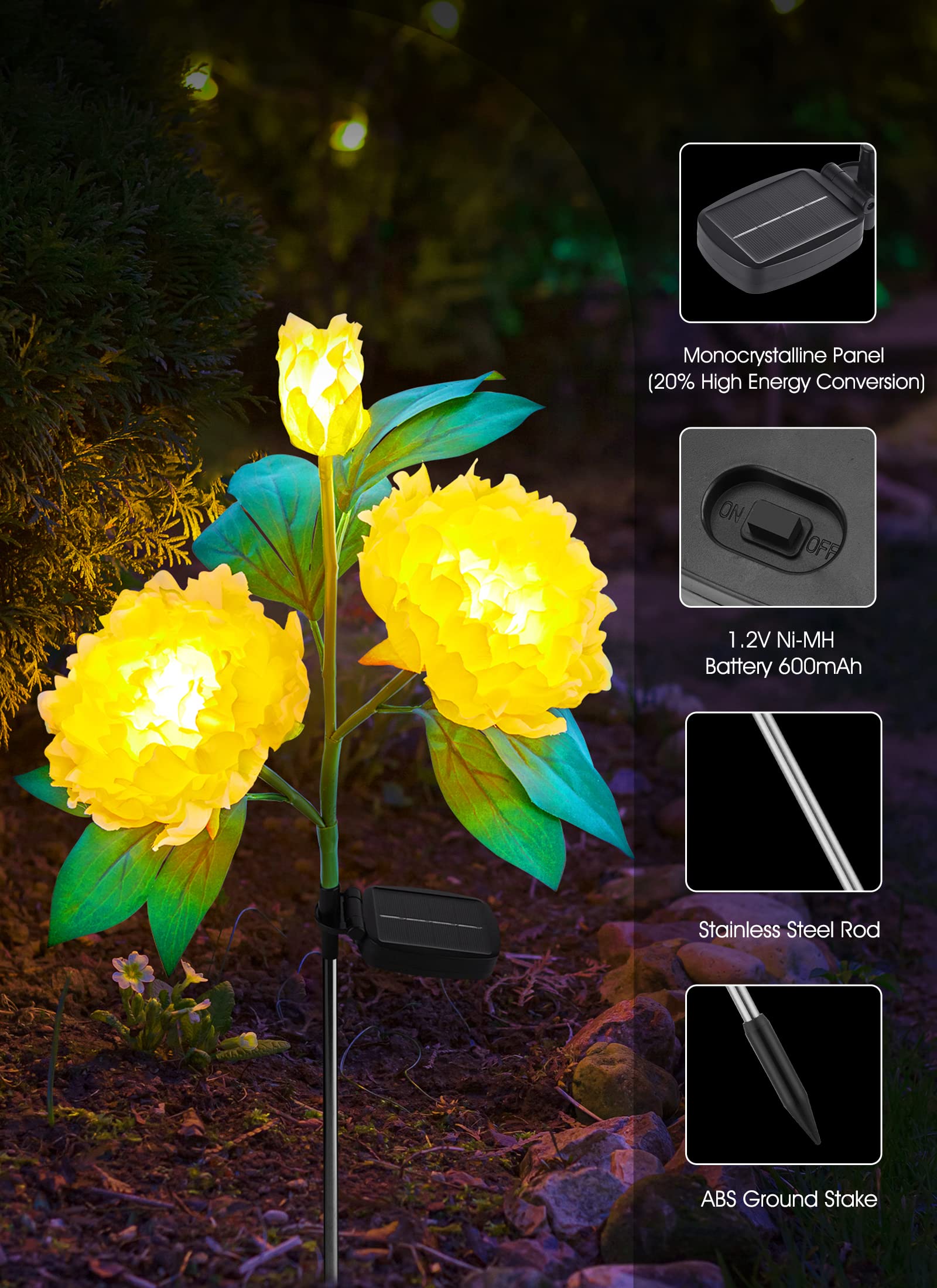 Brightown Solar Garden Lights - 3 Pack Waterproof LED Peony Design, Larger Solar Panel, Outdoor Pathway Decoration