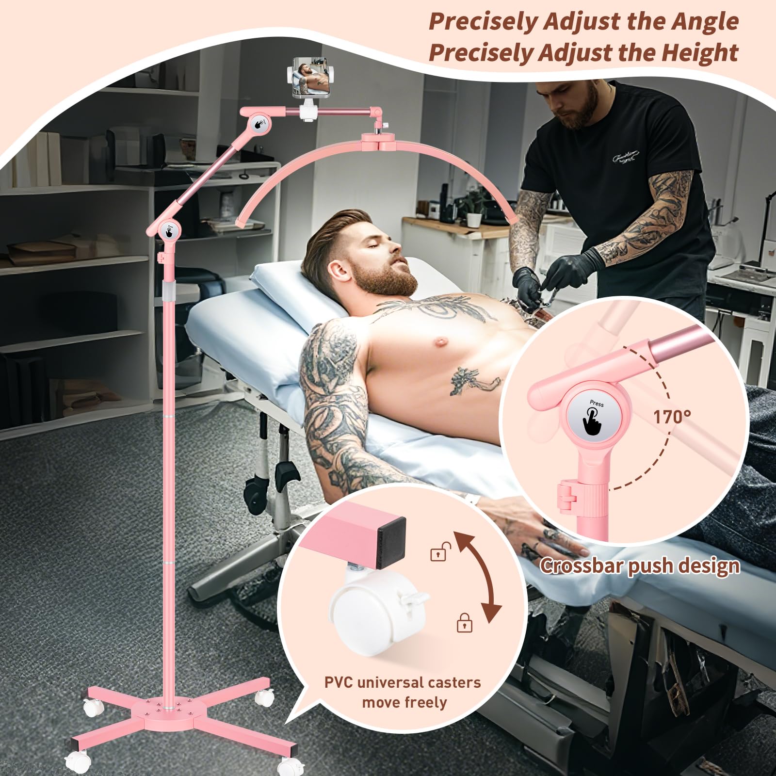 Hitti Half Moon Light For Eyelash Extensions Tattoo Artists  2025 New Upgrad Led Lash Tech Light With 4 Wheel Rolling Base  Large Floor Lamp 5 Color Modes Stepless Dimming & Phone Holder-Pink