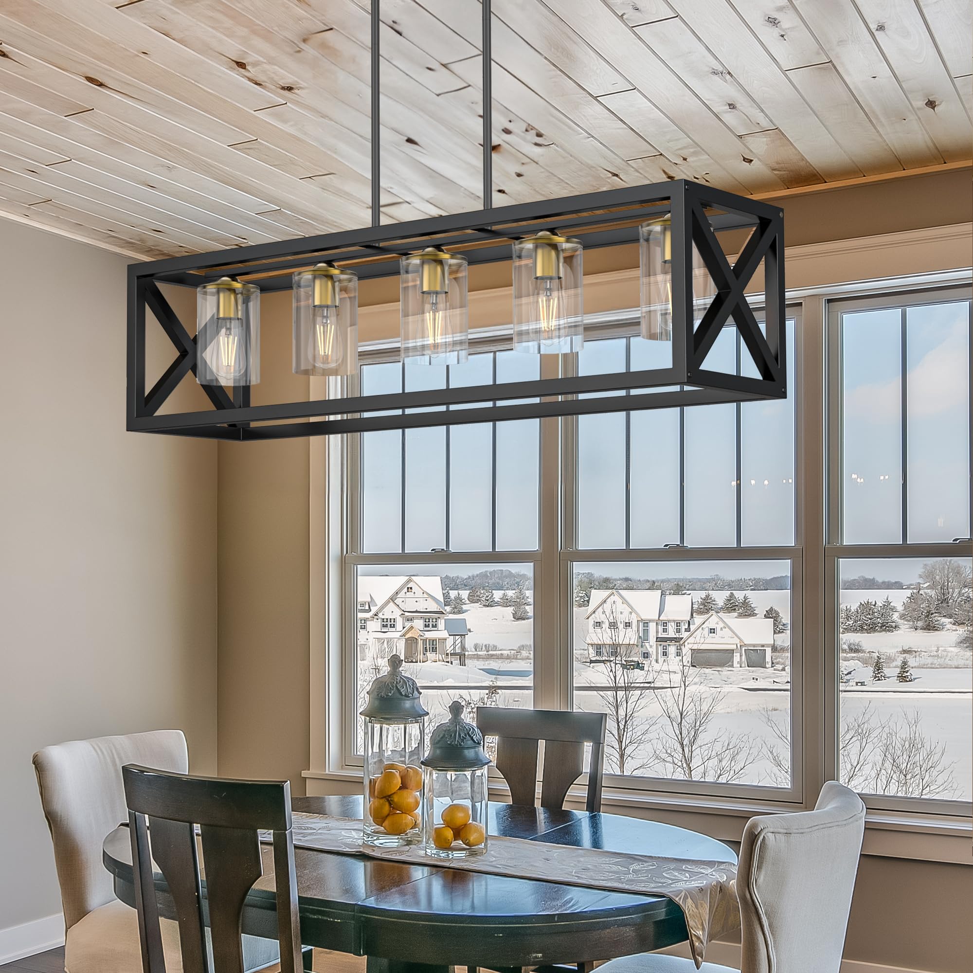 Espird Black Gold Dining Room Light Fixture - 5 Light Chandeliers For Dining Room With Clear Glass Shade & Adjustable Height & T