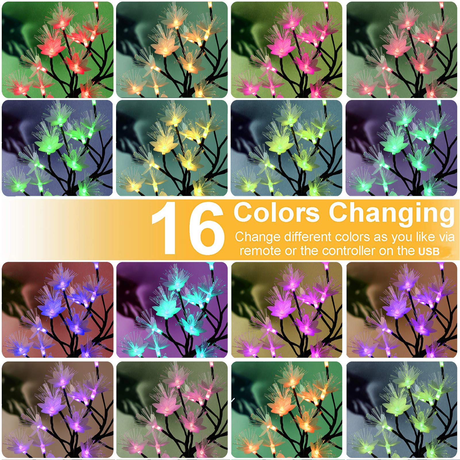 Ypdtacosu Colorful Table Top Tree For Home Decorations, 16 Colors Fiber Twinkling Blossom Flower Lamp Remote Timer Tabletop Chri