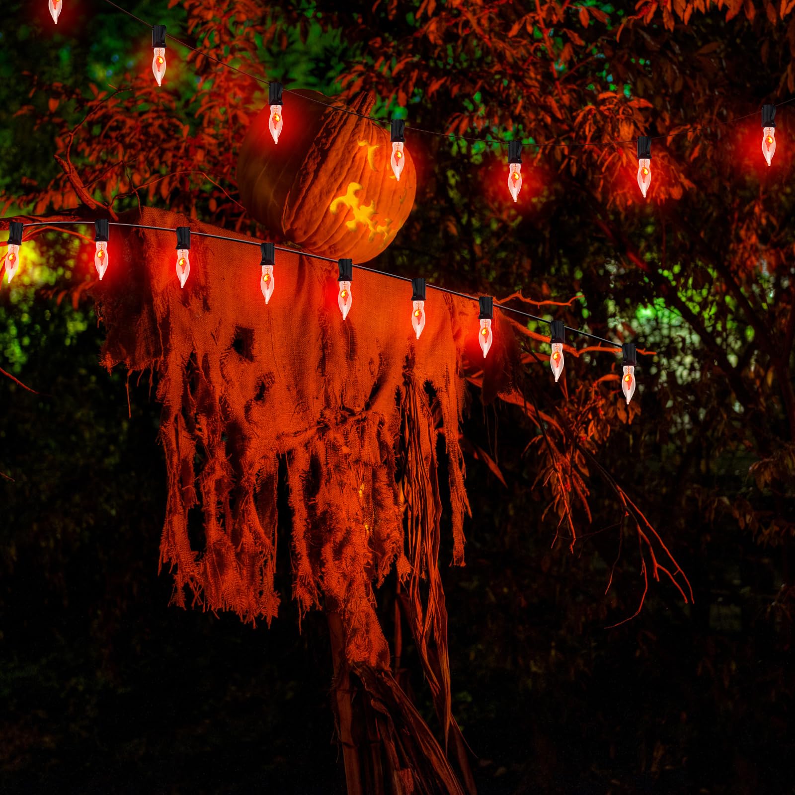 10Ft Flickering Flame Outdoor String Lights, C18 Halloween Orange Lights With 10 1W Flame Bulbs, E12 Base, Outdoor Halloween Pat