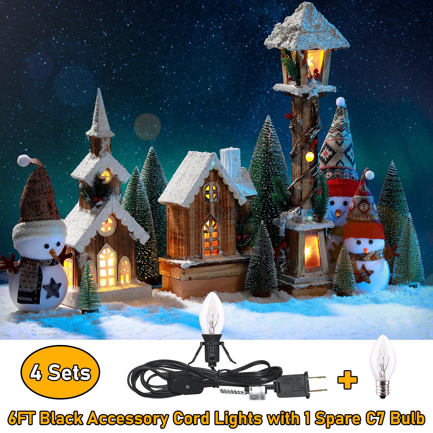 4 Pack Black Accessory Cord With 8Pcs C7 Bulbs (4 For Spare), 6 Feet Clip-In Lamp Cord With On/Off, Light Up Halloween Xmas Deco