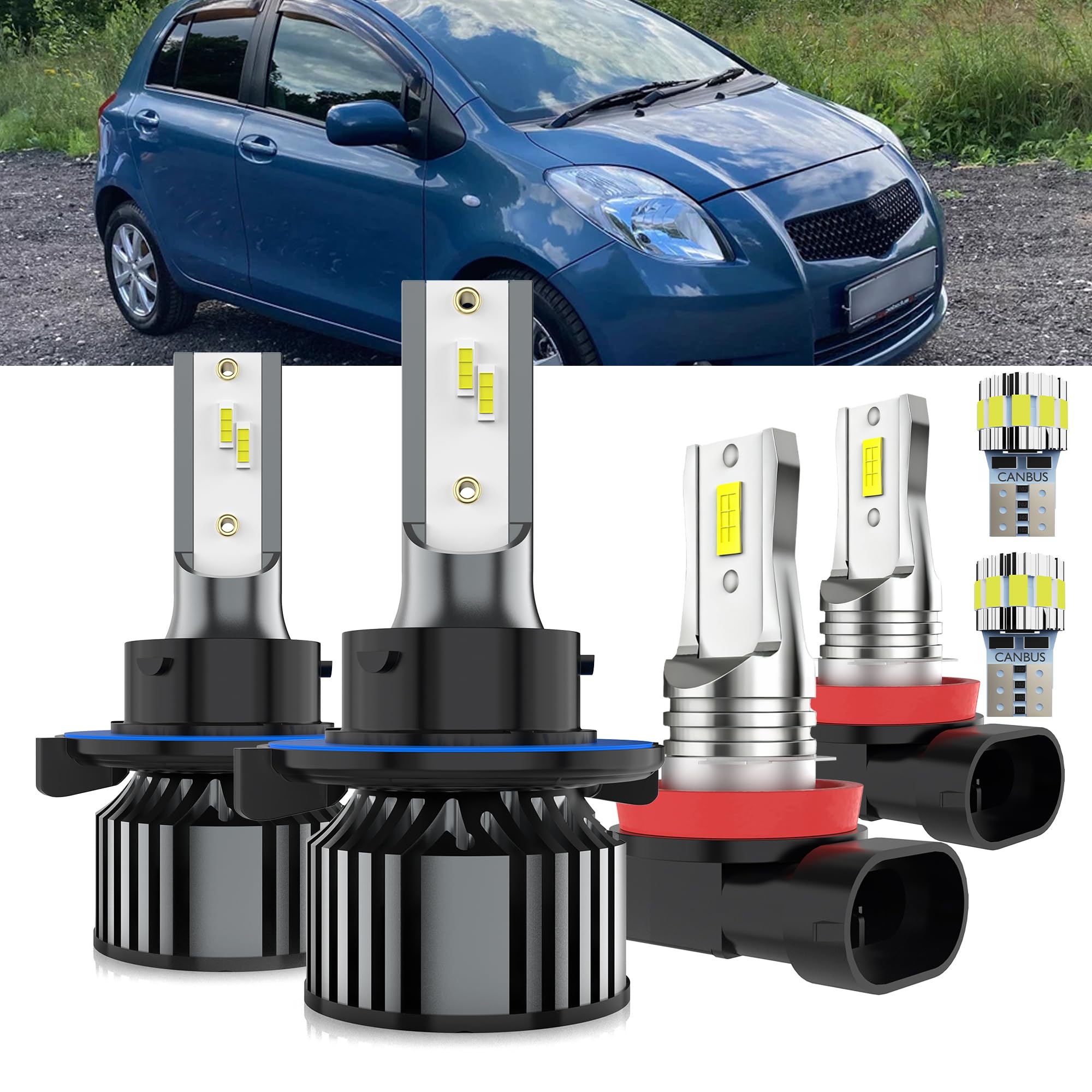 AYOTZIH Bulbs Fit For Toyota Yaris 2006-2014, High/Low Beams+ Fog Lights+ License Plate Lights Combo, 400% Brightness 6000K Whit