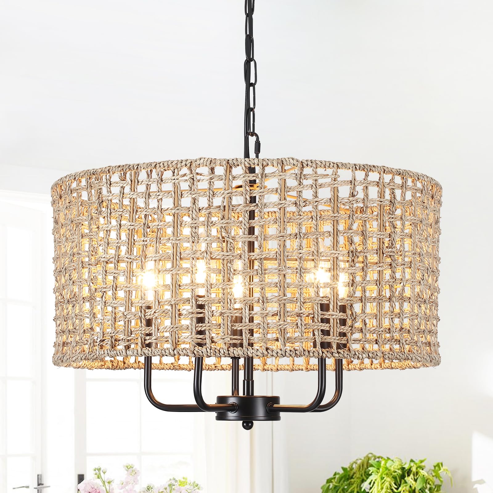 Mrhyswd 18.9 Hand-Woven Rattan Chandelier 5 Lights Farmhouse Boho Chandeliers For Dining Room Light Fixture Drum Wicker Hanging Pendant Lighting For Living Room Kitchen Island Foyer Hallway  E12
