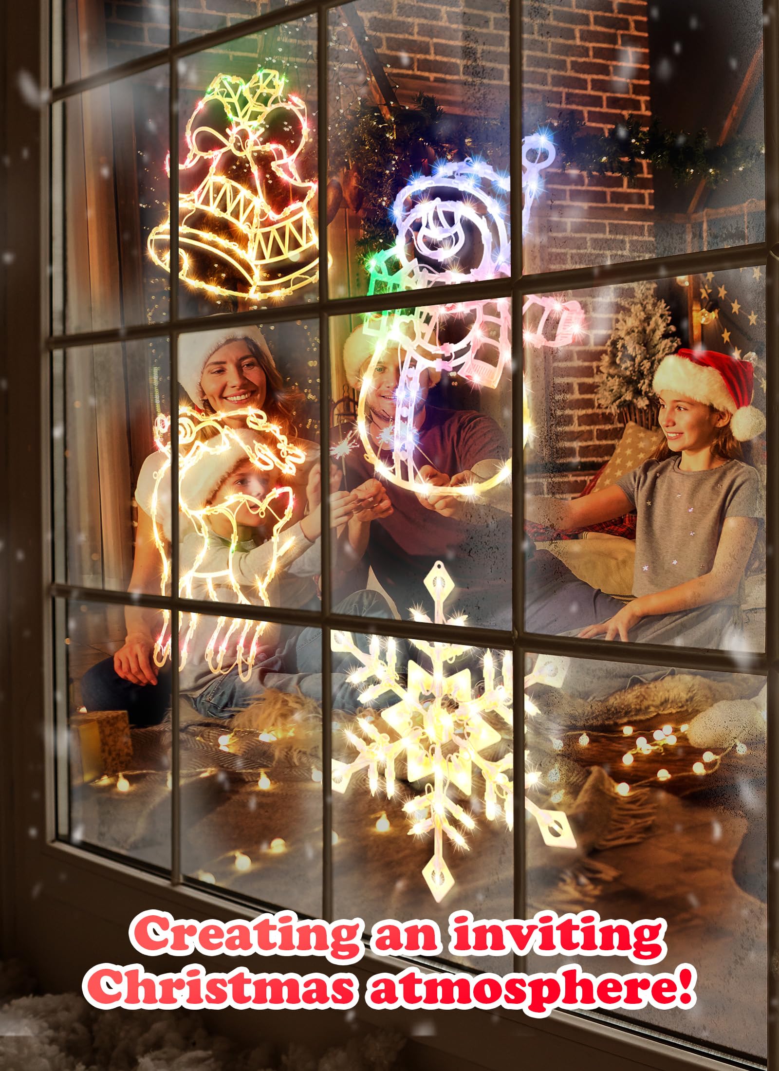 Minetom Christmas Window Silhouette Lights Decorations, Pack of 4, Snowflake, Snowman, Bell, Deer, Multicolor, Model 39124