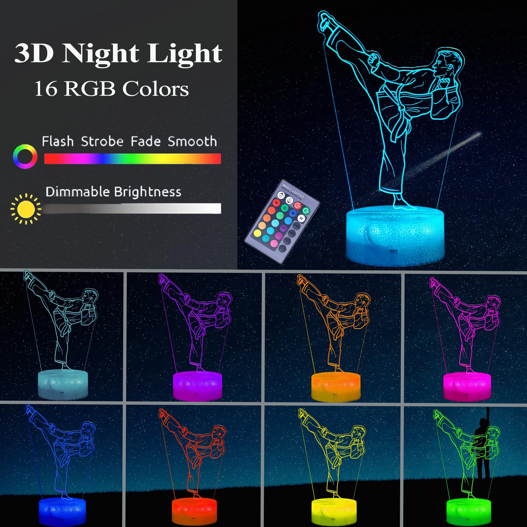 Posshe Karate Night Light, Karate Gifts, Taekwondo 3D Illusion Lamp With 16 Colors Changing, Remote Control And Dimmable, Kids B