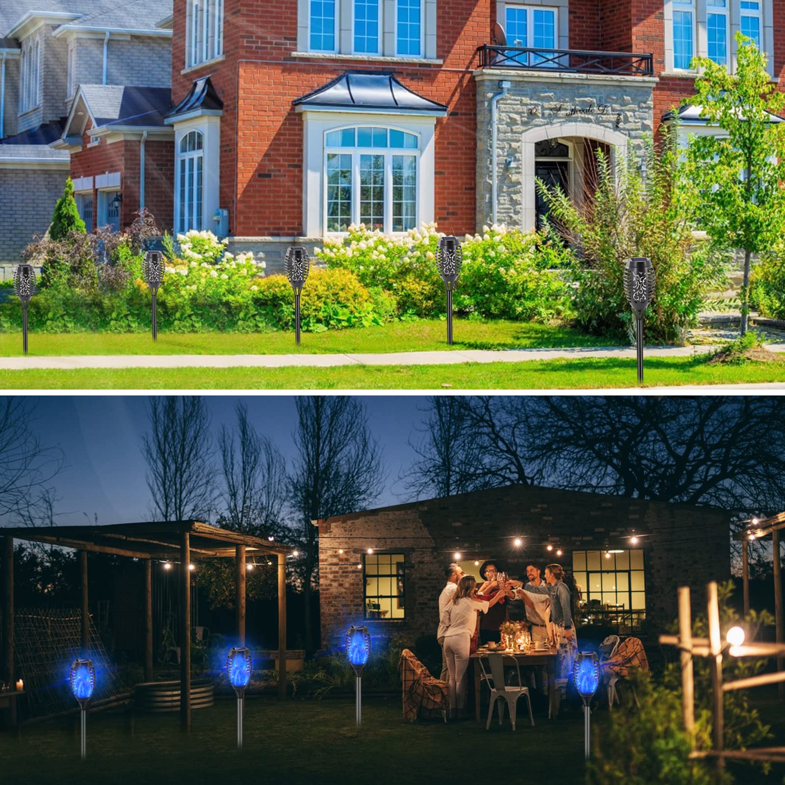 COCOMOX Solar Torch Lights 8 Pack, 12 LED Waterproof Mini Tiki Torches, Blue, Outdoor Halloween Decorations, Dusk to Dawn Auto On/Off