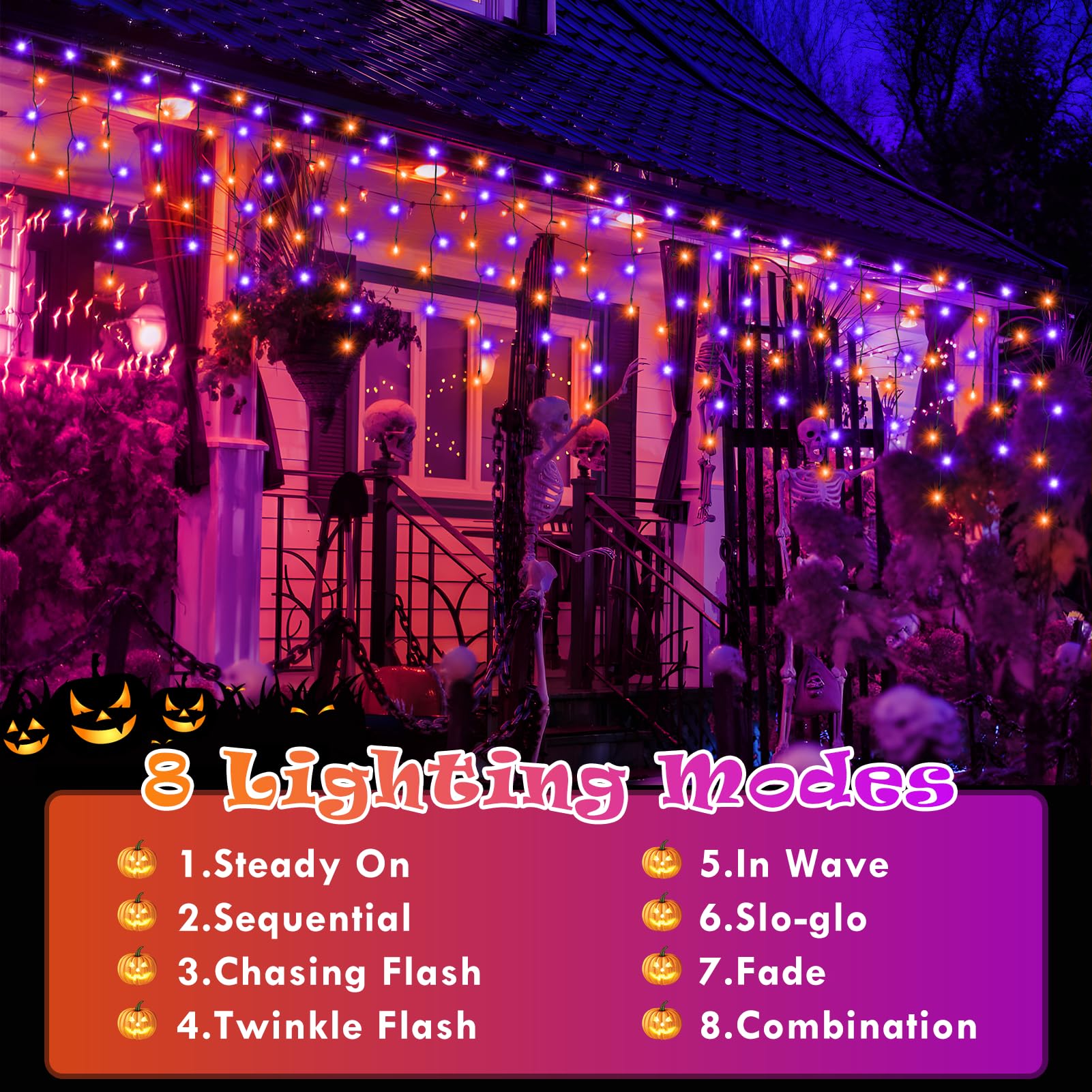 Heceltt Halloween String Lights, 39FT 480LED, Orange and Purple, 8 Lighting Modes, Timer Memory Function, Model BG-CL3M3-306L01