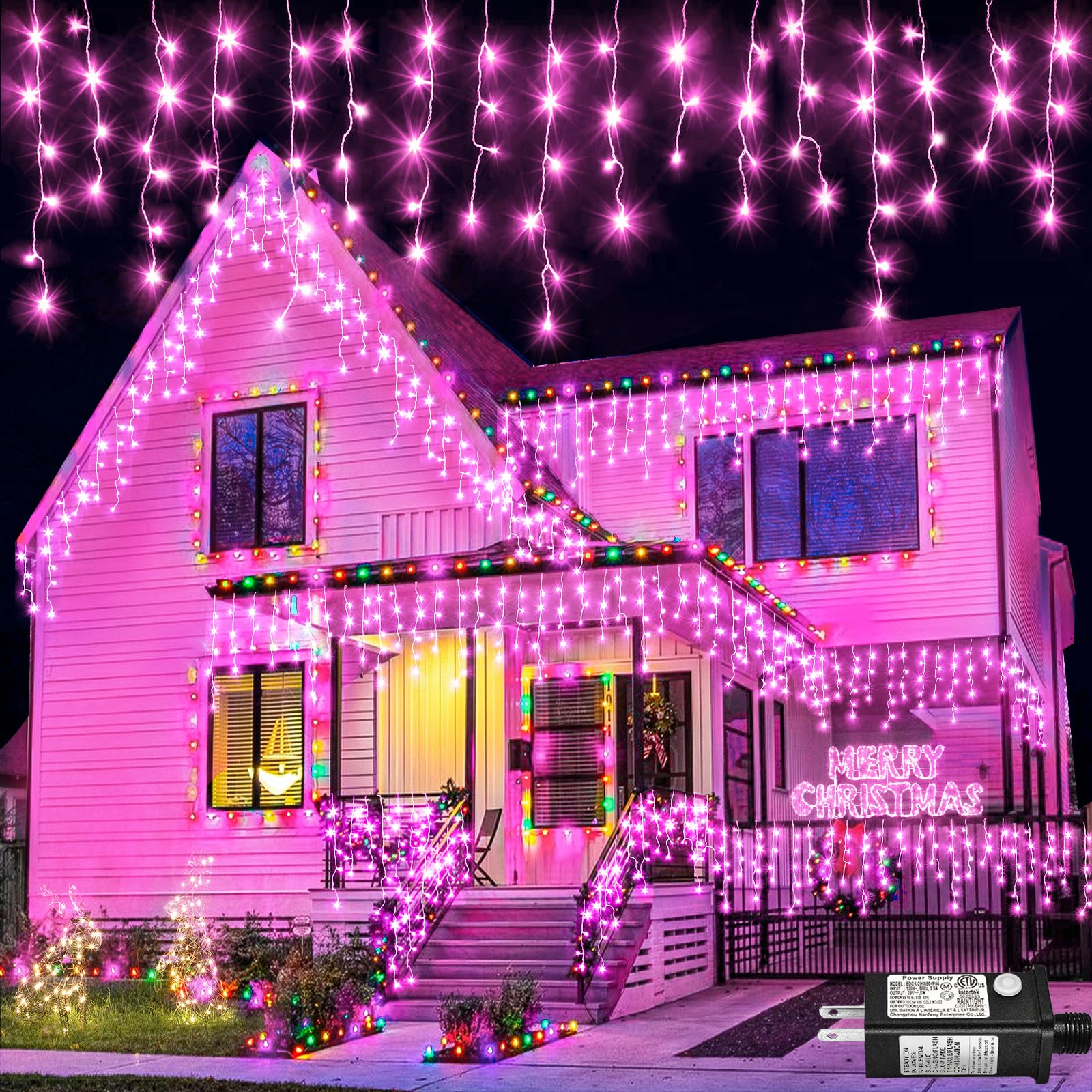 Einiiya Christmas Lights Outdoor 66ft 640 LED Waterproof Pink Icicle Lights, 8 Modes, Model BG-CL3M3-306L01