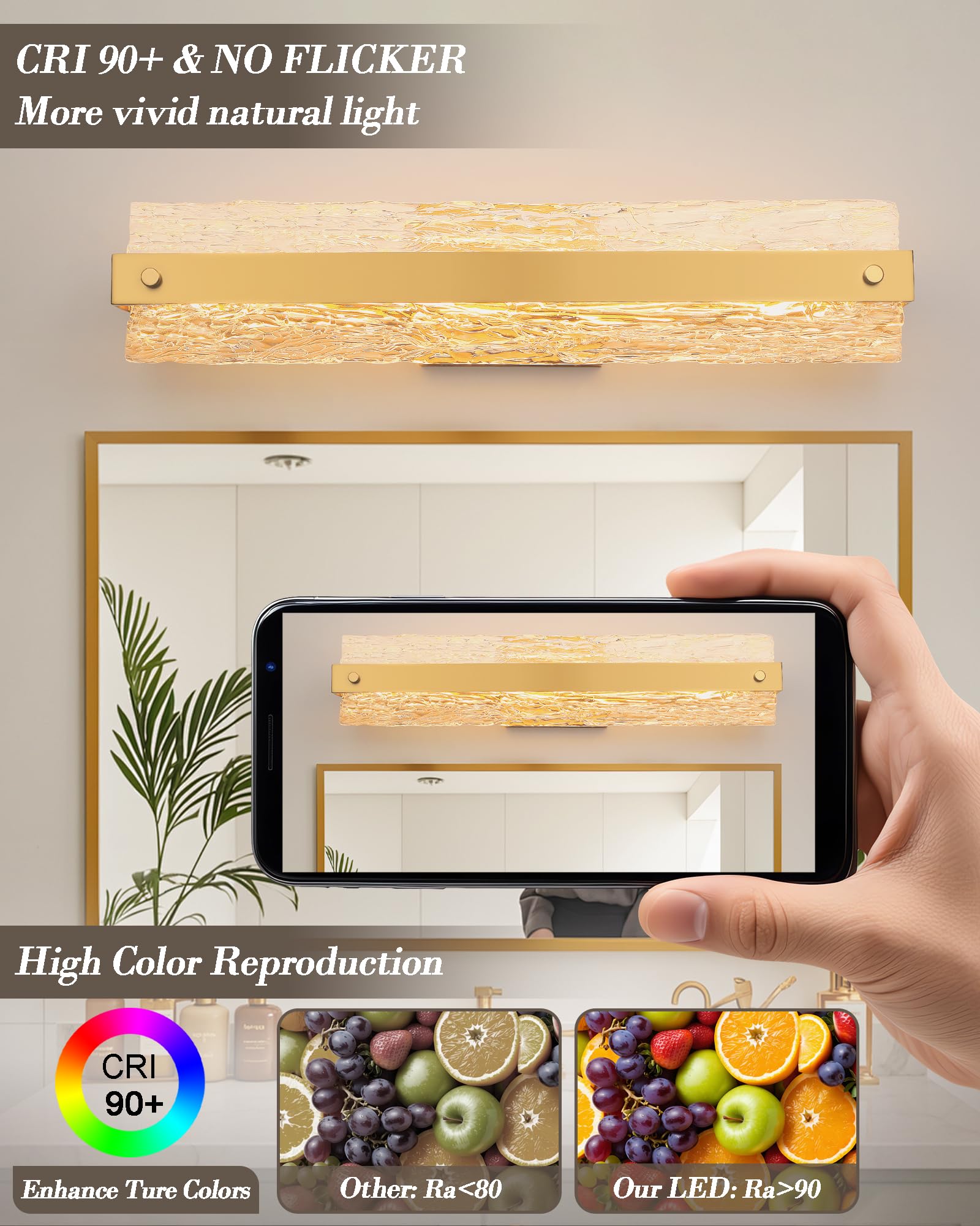 Osimir Brushed Gold Led Bathroom Vanity Light  24.4 Inch 15W Modern Dimmable Bathroom Light Fixture Over Mirror  Crystal Bar Wall Sconce Lighting For Bath  3Cct  Os-Mm5001-3Bg