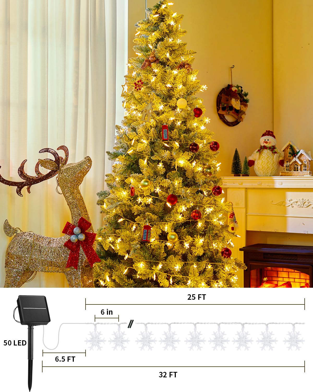 Brightown Solar Christmas Snowflake String Lights 50 Led 31 Ft Outdoor Waterproof Snowflake Fairy Lights With 8 Lighting Modes F