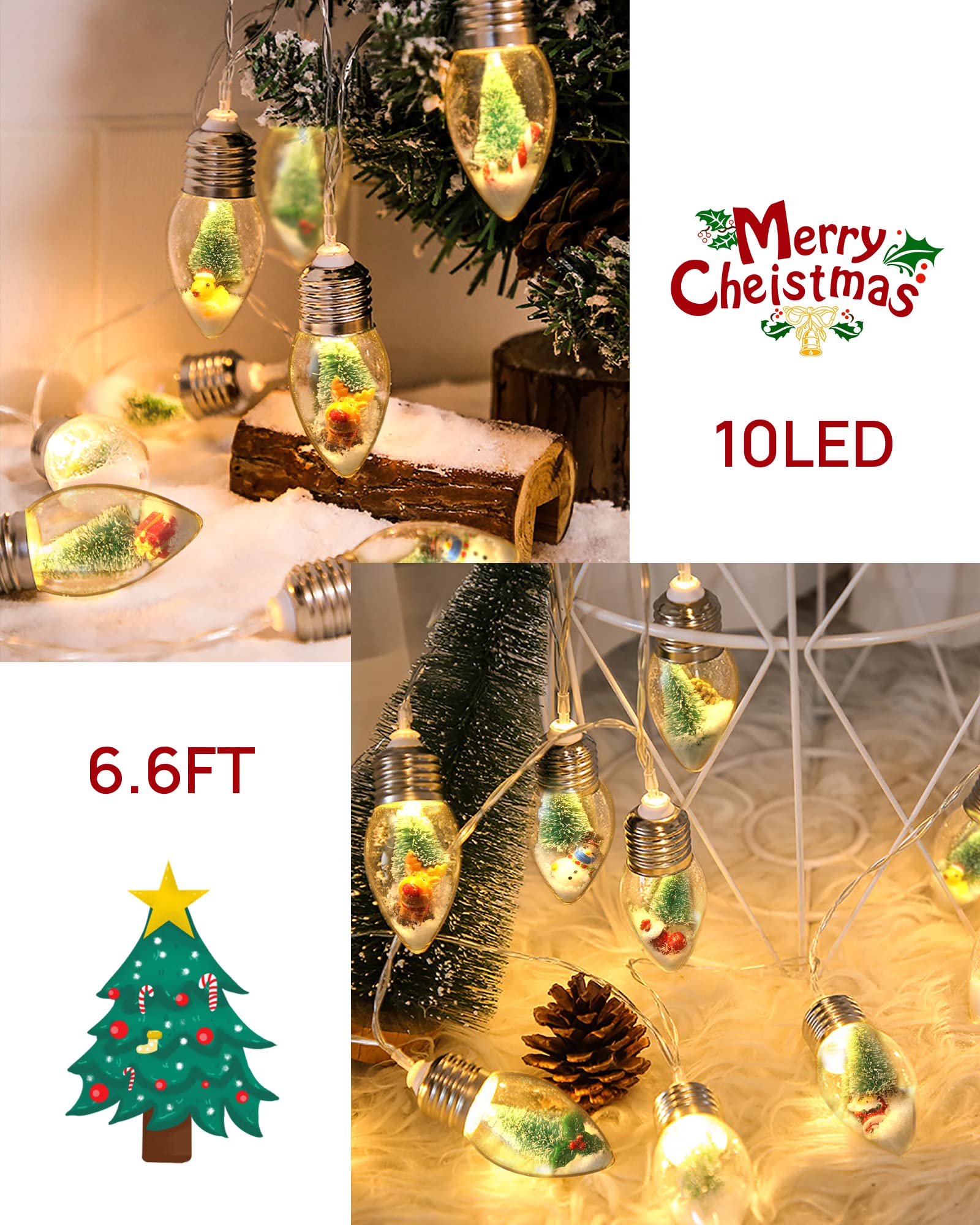 JUSTOTRY 2PC 6.6ft Christmas Lights for Indoor Bedroom Decorations - 10 LED Globe Bulbs String Light with Tree & Snow & Cute Orn