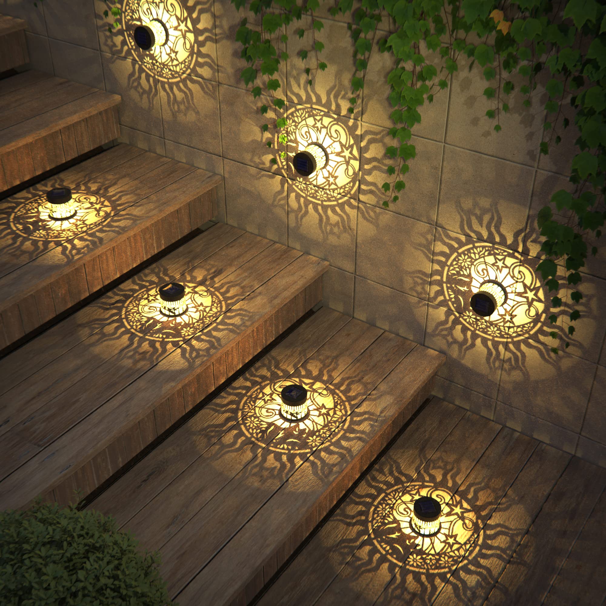 gardencave Solar Fence Lights, Metal, Waterproof, Sun Moon Theme, 2 Pack, Face, Model TIH03 for Outdoor Garden Decor