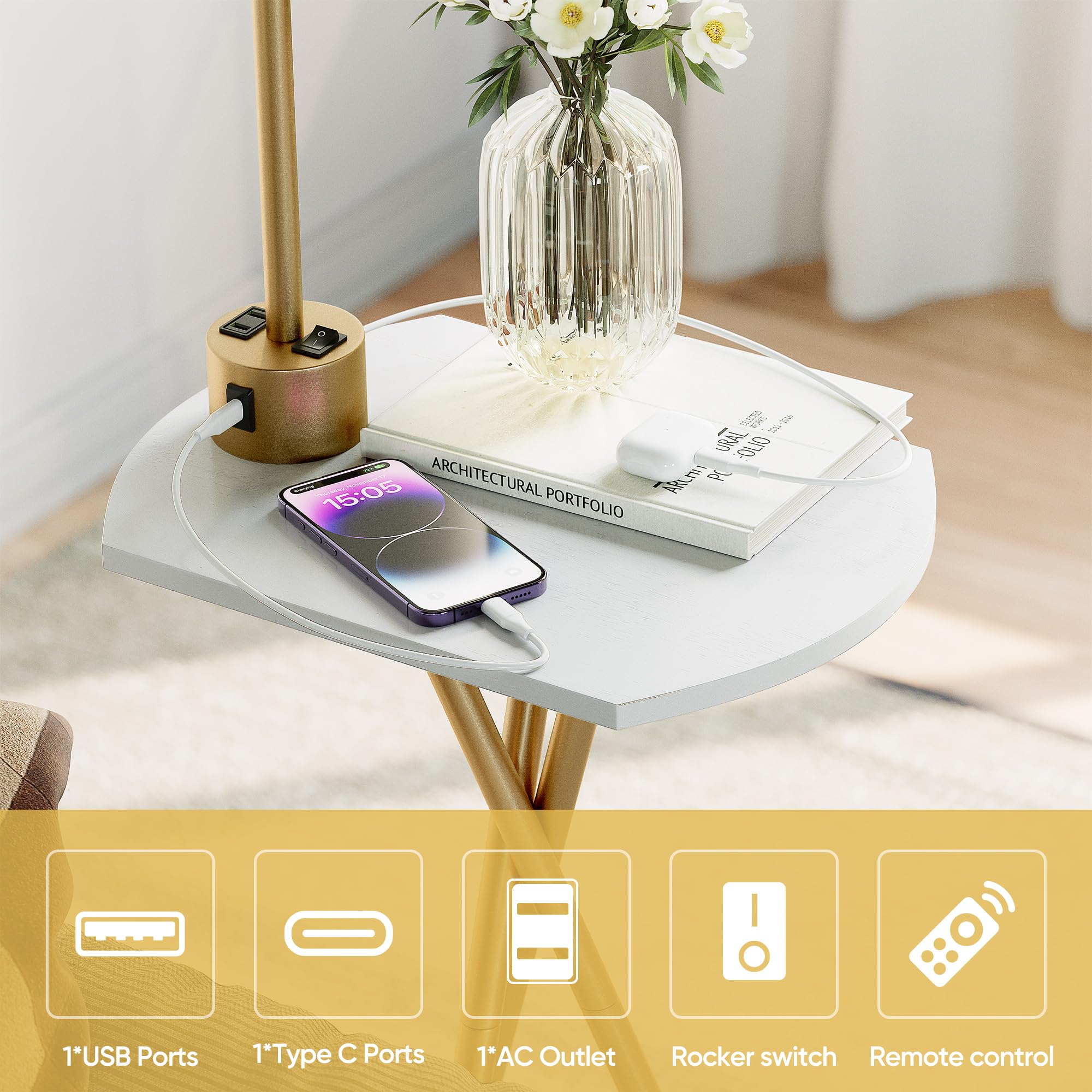 ROTTOGOON Floor Lamp with Table, Remote Control, Charging Station, 4 Color Temperatures, Gold, Model ROFP092AJ1