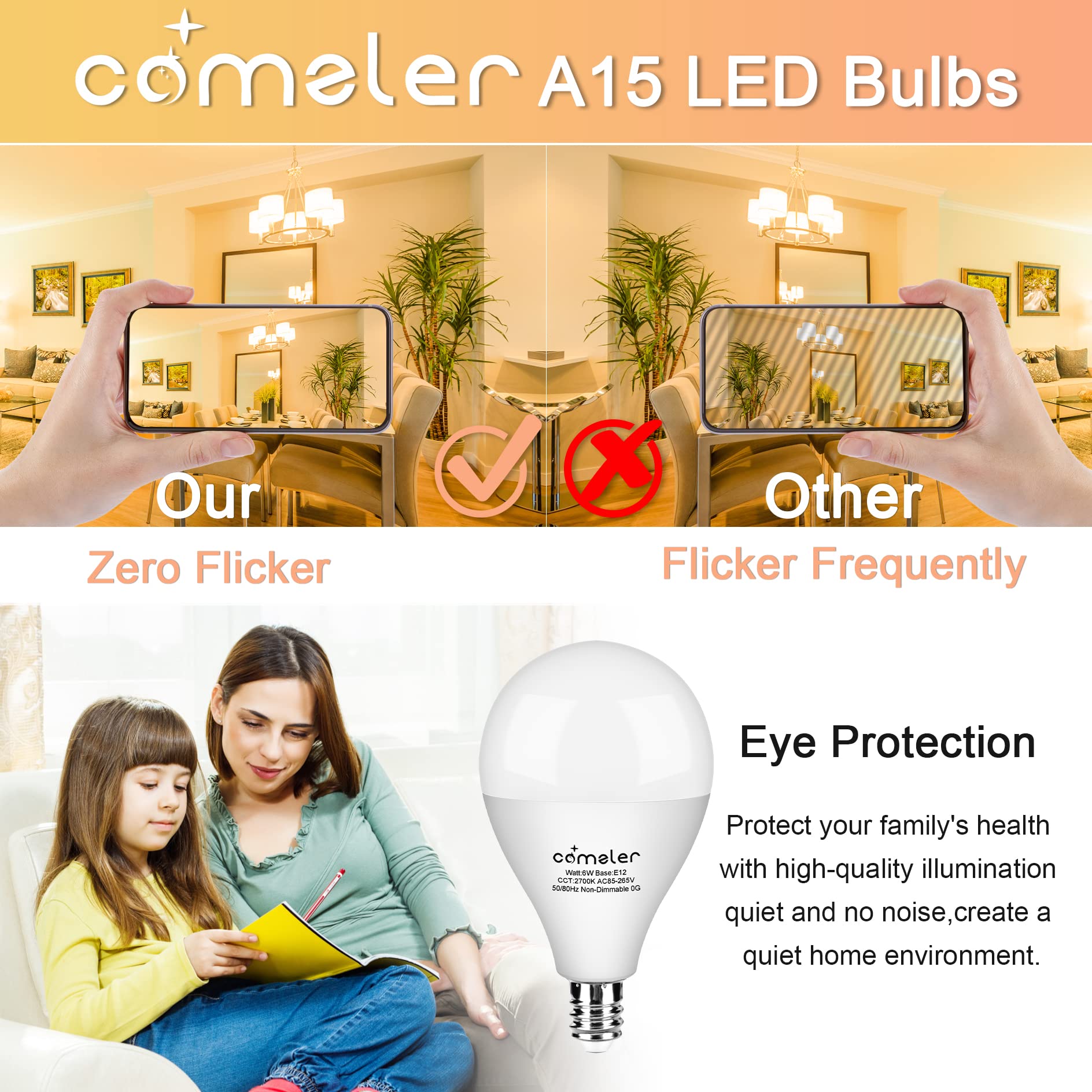 Comzler Ceiling Fan Light Bulbs E12 Small Base, A15 Led Bulb 2700K Soft Warm White Candelabra Led Bulb 6W (60Watt Equivalent), C