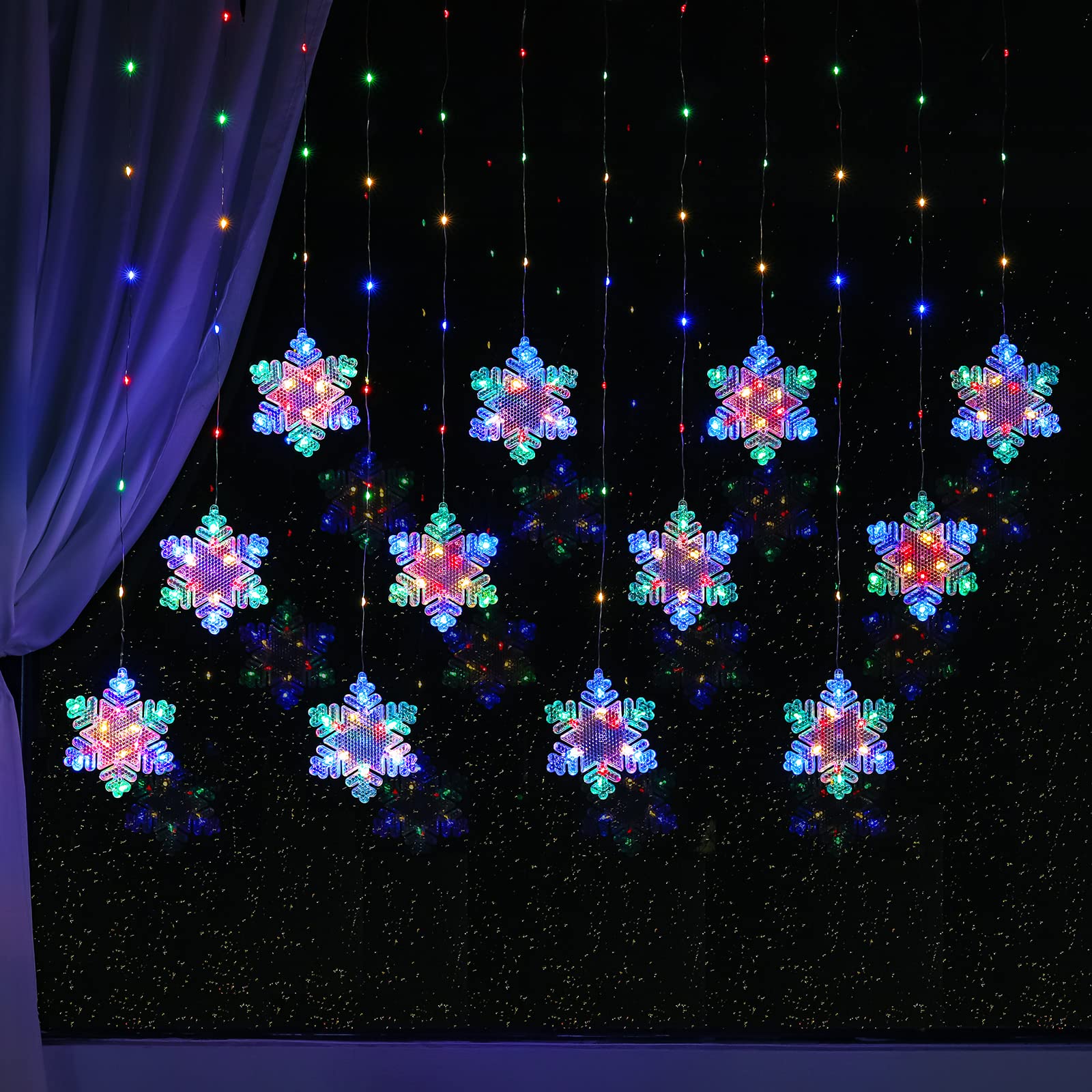 BLOOMWIN Christmas Fairy Curtain Lights 9.8ft Snowflake Lights USB Christmas Indoor Decorations 204LEDs Twinkle Lights with Remote for Bedroom Xmas - Colorful