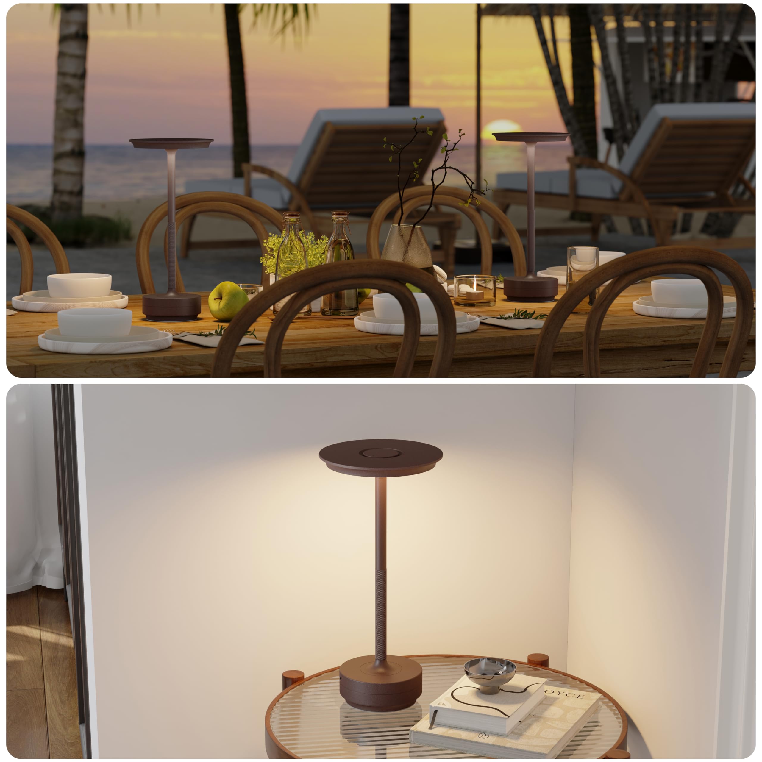 TBBGA Rechargeable LED Table Lamp, 5000mAh, 3 Color Dimming, Aluminum, Rust, Model T106C, Portable for Home and Outdoor Use