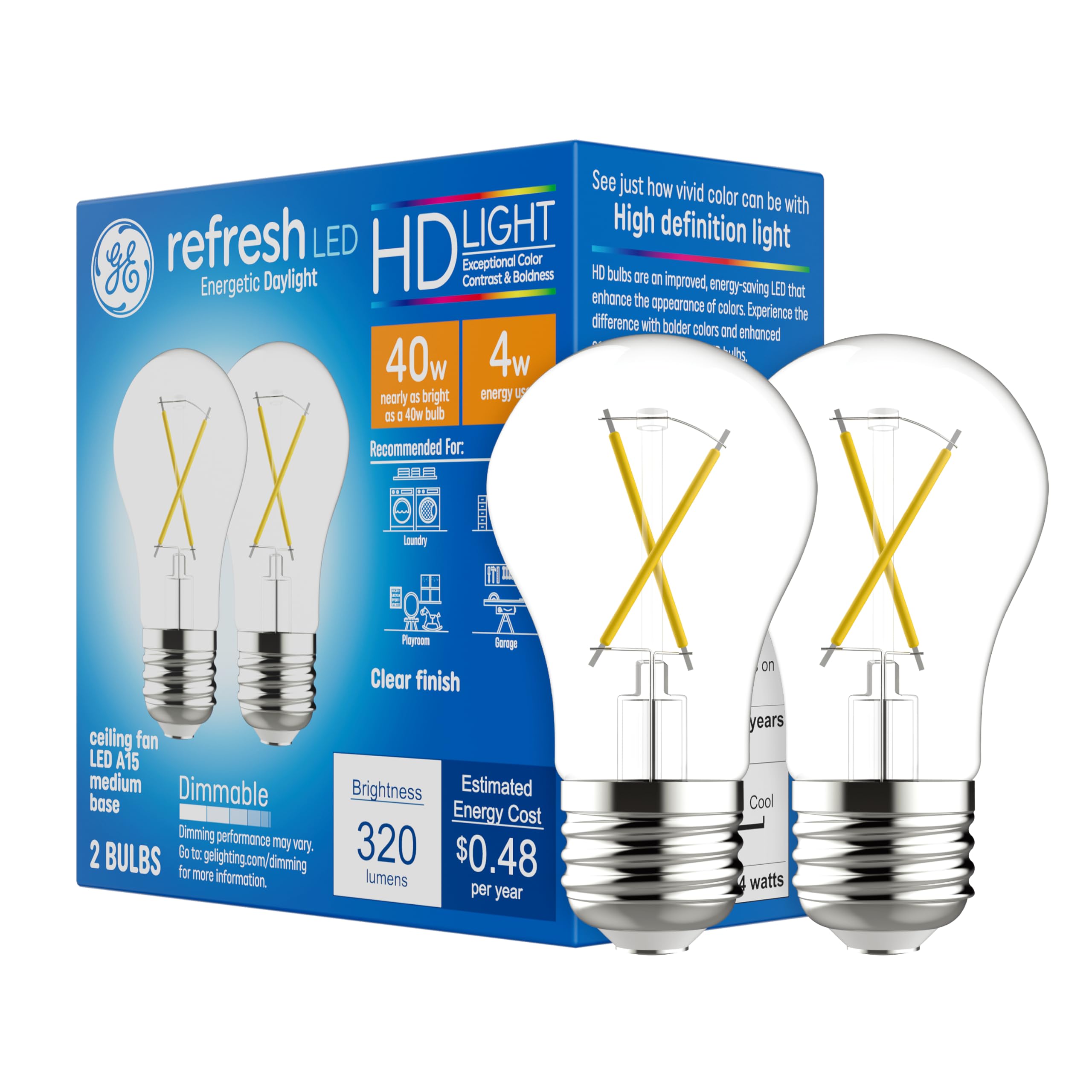 Ge Refresh Led Light Bulbs, 40 Watt, Daylight, A15 Ceiling Fan Bulbs, Clear Finish (2 Pack)