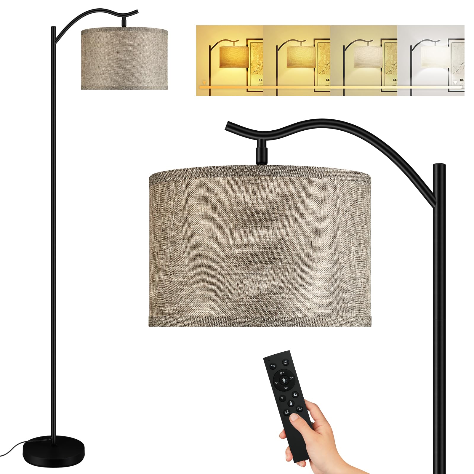 BoostArea Arc Floor Lamp, Remote Control, Stepless Dimmable 2700K-6500K, Metal, Jute, Model B1369