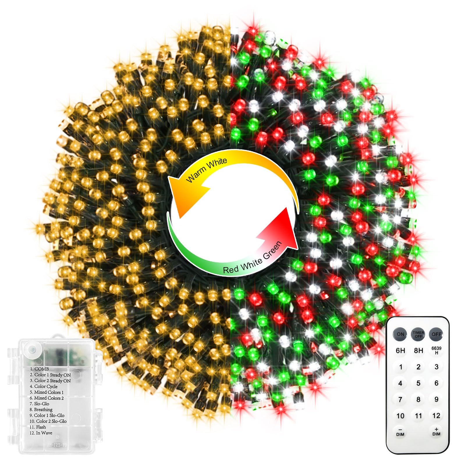 100 LED Red White Green Christmas String Lights Battery Operated, Dual Color Changing Fairy Lights 33Ft Green Wire with Remote Timer Outdoor Indoor Twinkle Fairy Lights for Christmas Decor