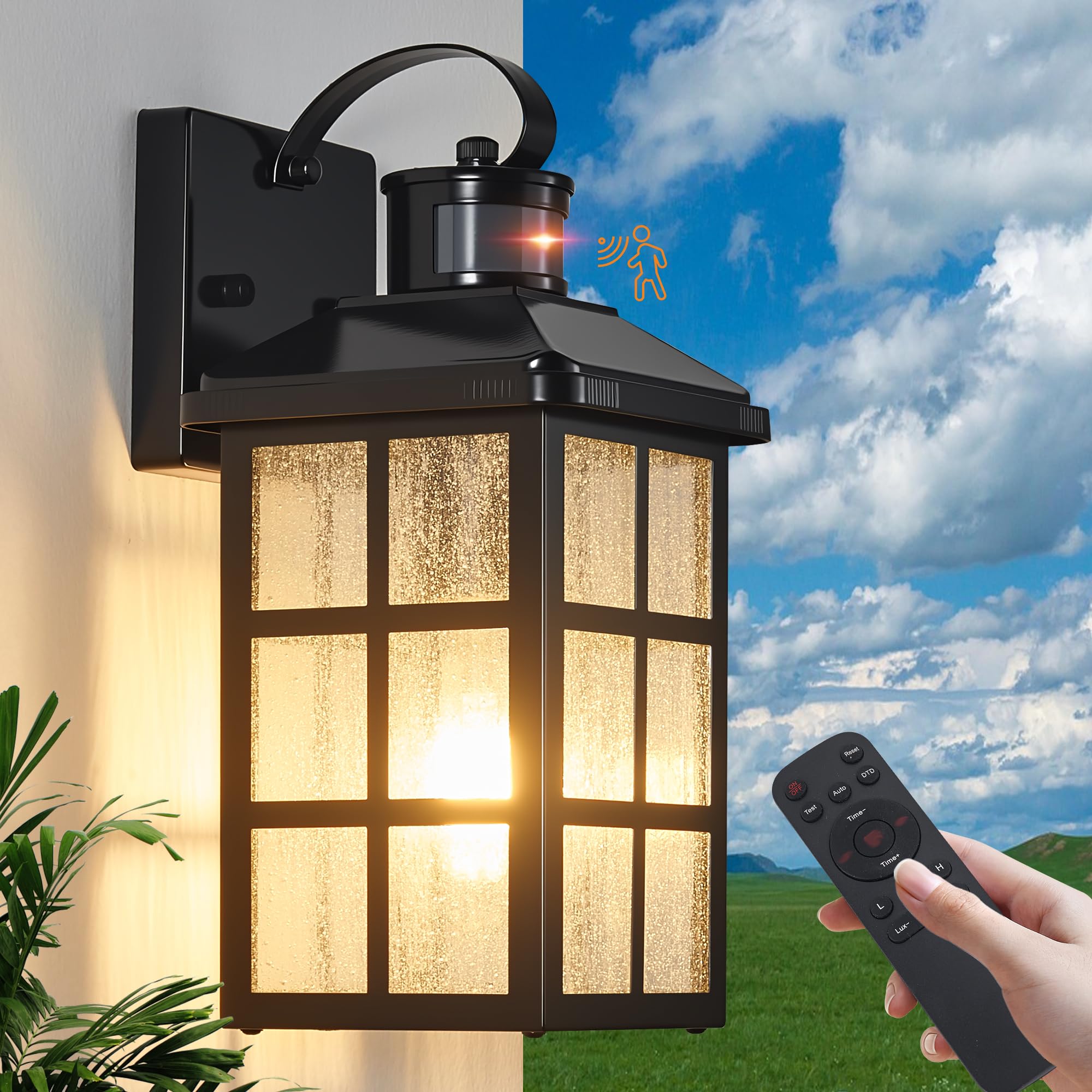 YJXGDIL Motion Sensor Outdoor Wall Lights, Weatherproof, Black, Remote Control, 4 Lighting Modes, 1 Pack, Model H2012-1B-RW