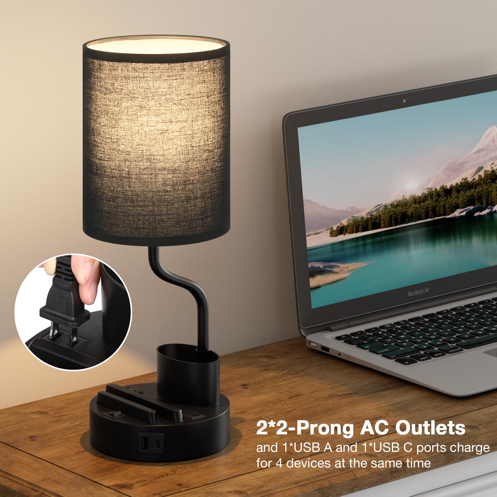 Black Bedside Table Lamps For Bedroom Set Of 2 - Nightstand Light With Ac Outlet And Usb A & C For Charging, 3 Color Temperature