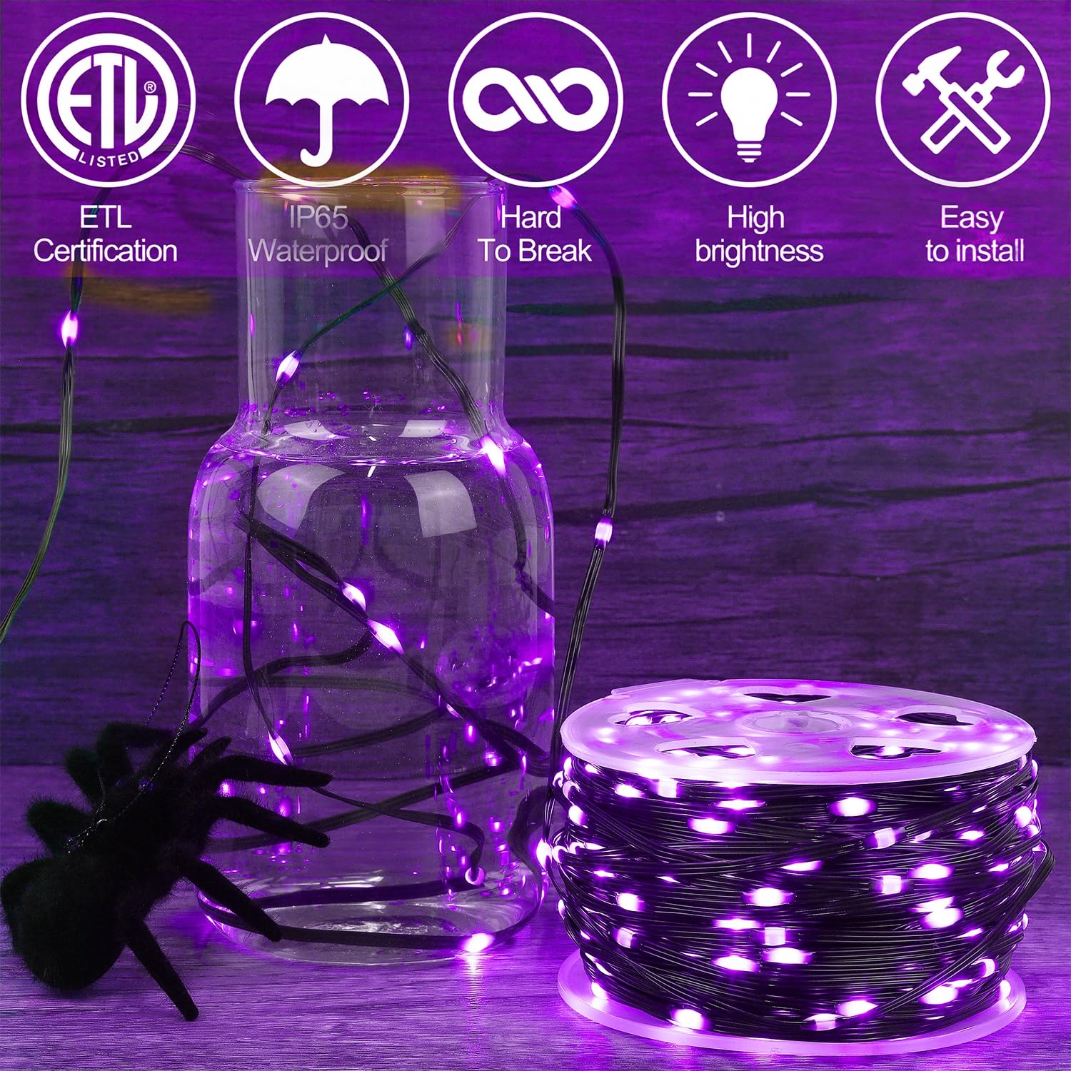 WATERGLIDE 328 FT Halloween Lights, 1000 LED Outdoor Fairy String Lights, PVC, Purple, Model HBB-1000COI, Waterproof, 8 Modes
