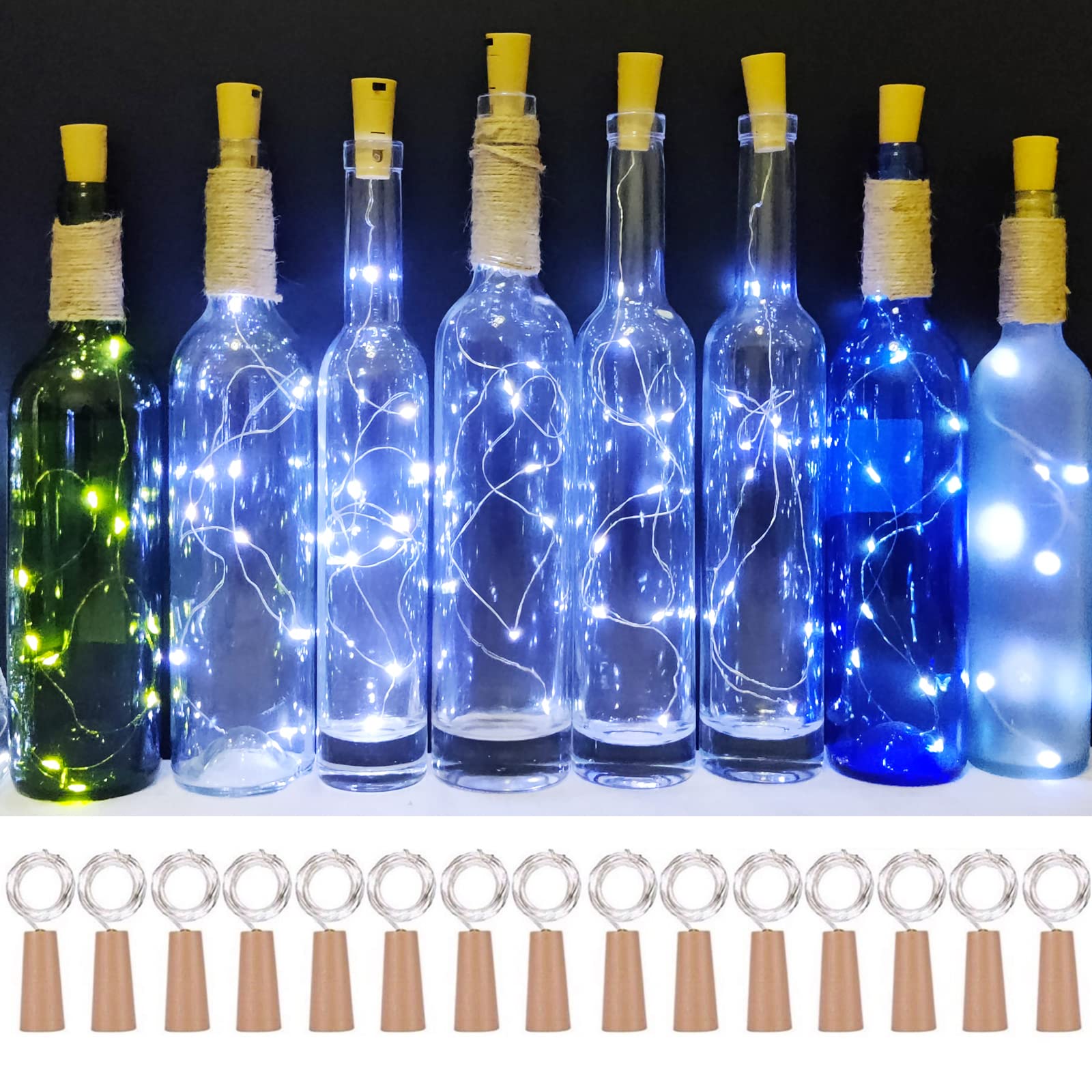 SmilingTown Wine Bottle Cork Lights 15-Pack 10 LED Cool White 40 Inches Copper String Lights for Party Wedding Decoration