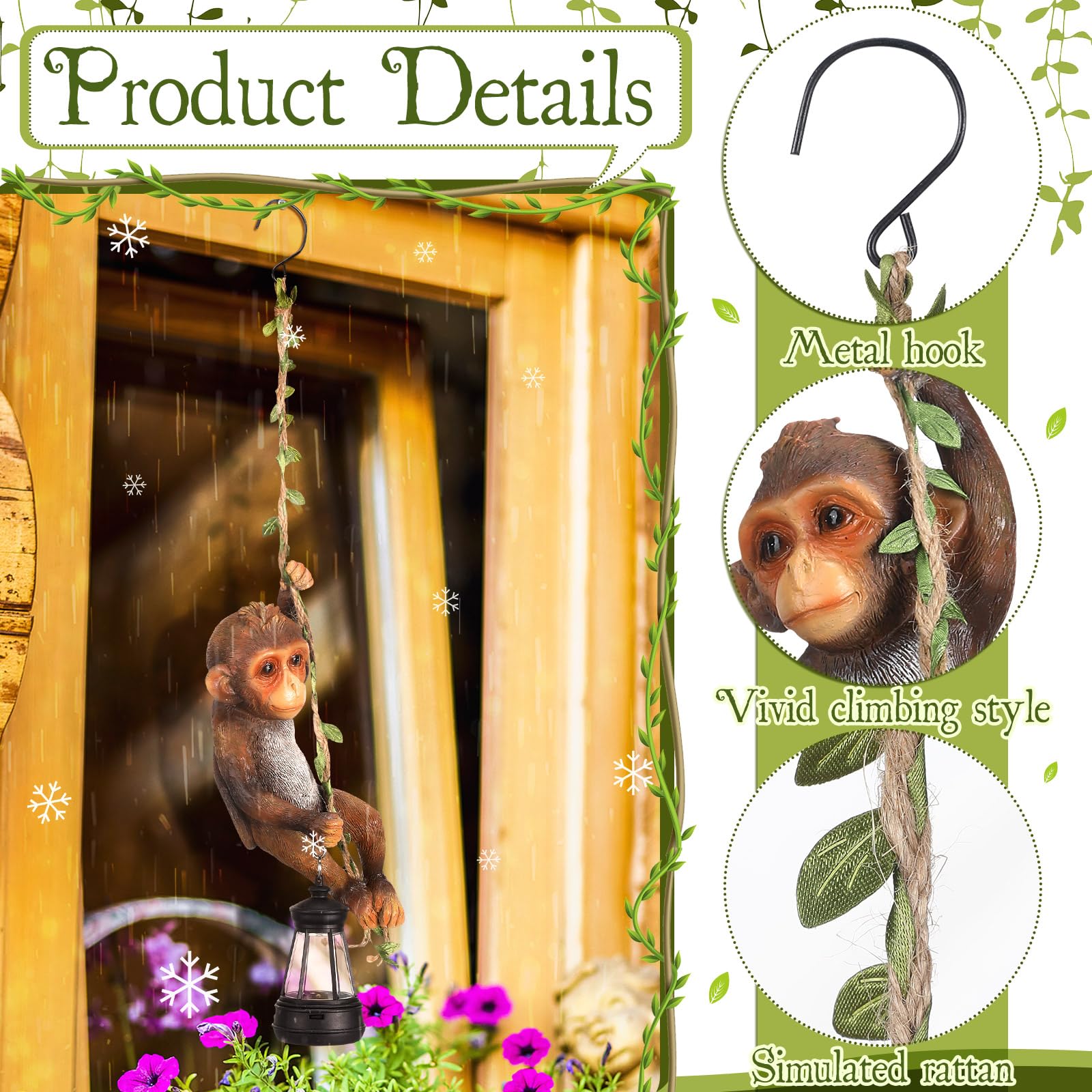 Rossesay Solar Light Outdoor Statues 7.48'' H Resin Chimpanzee Baby Monkey Climbing On A 19.68'' L Vine With Led Lantern Waterpr