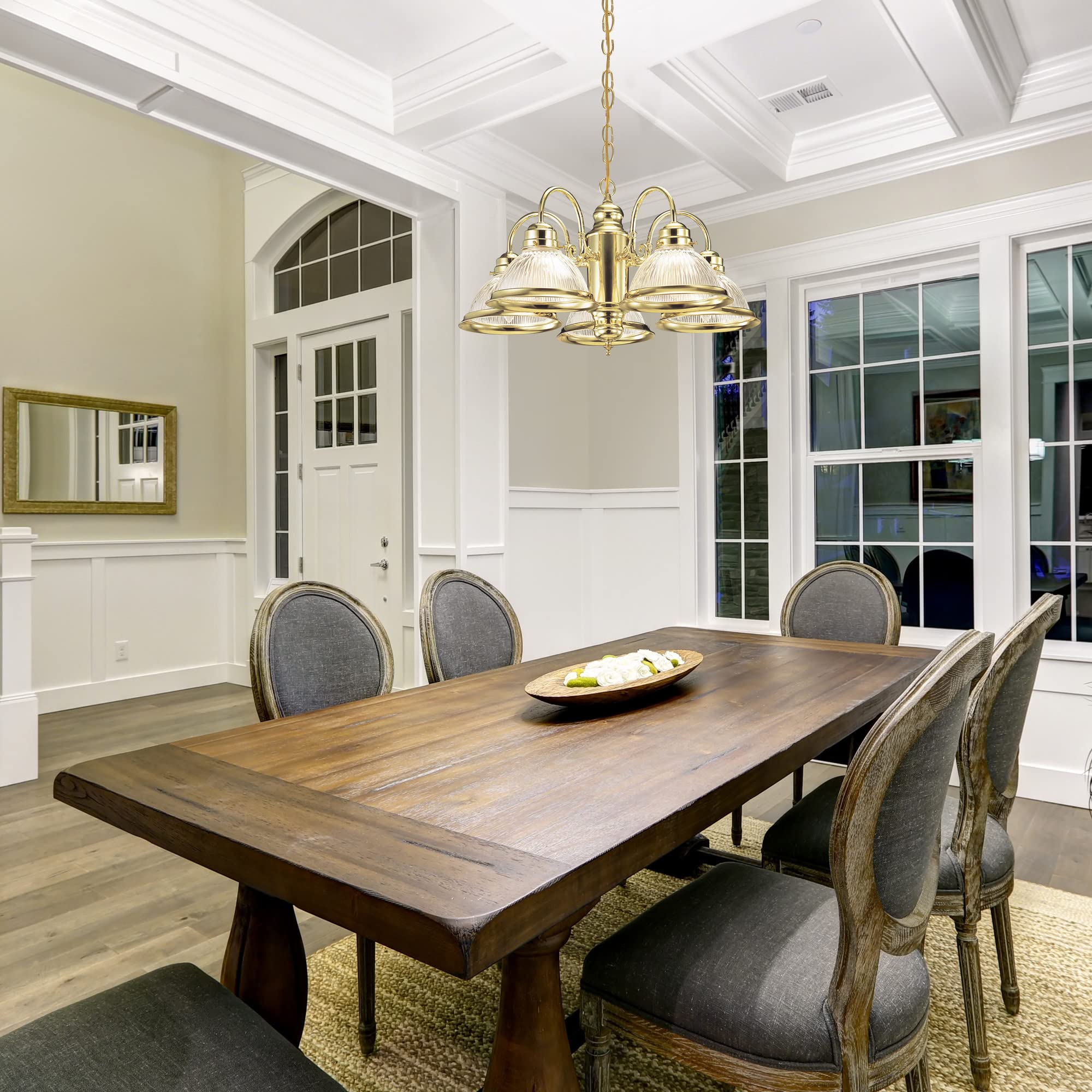 Design House 500546 Millbridge Traditional Indoor Dimmable Chandelier With Clear Ribbed Glass Shades For Entryway Foyer Dining Room, Polished Brass, 5-Light