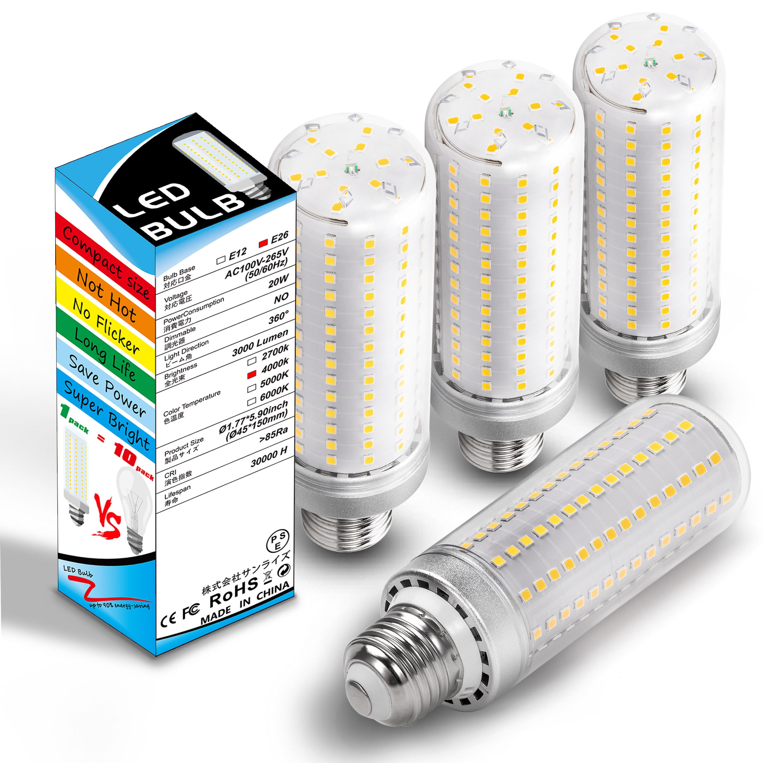 1.77X 5.9 Inch,E26 E27 Led Corn Light Bulb 200W Replacement 3000 Lm 4000K Natural White,20W E26 Medium Base Non-Dimmable Candela