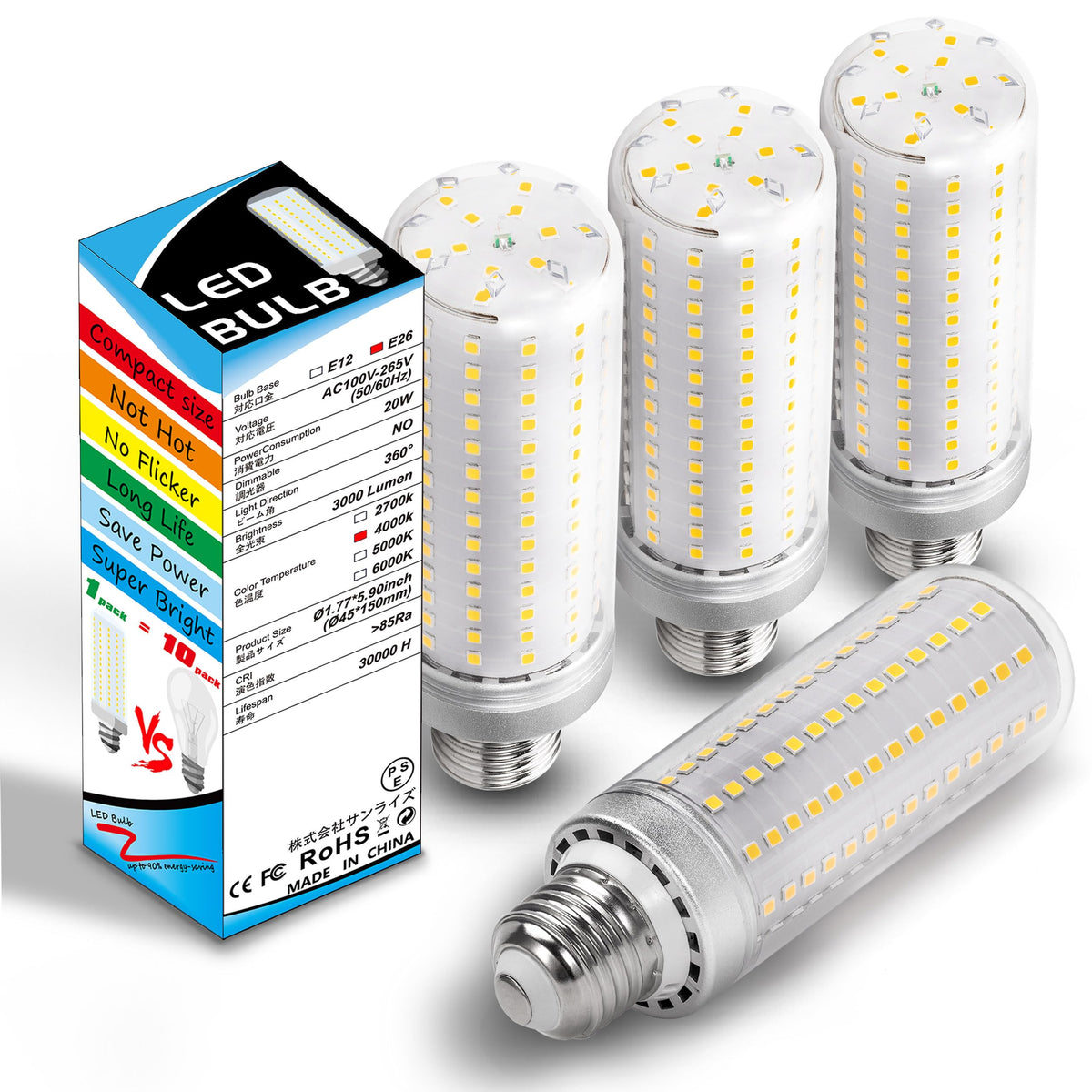 1.77X 5.9 Inch,E26 E27 Led Corn Light Bulb 200W Replacement 3000 Lm 4000K Natural White,20W E26 Medium Base Non-Dimmable Candela
