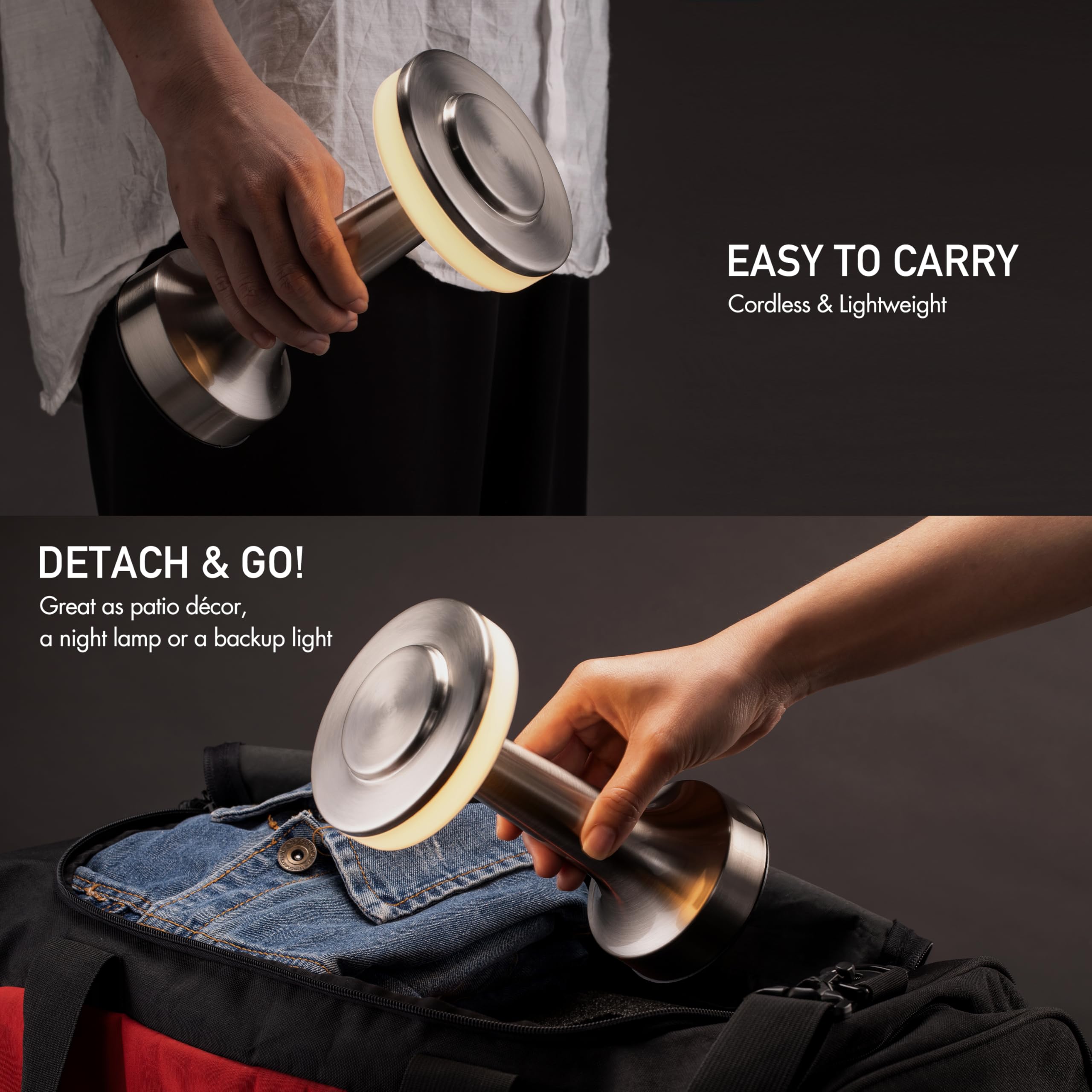 OBright Portable LED Table Lamp, Touch Sensor, 3-Level Brightness, Rechargeable, Silver, Model OB-TL01B