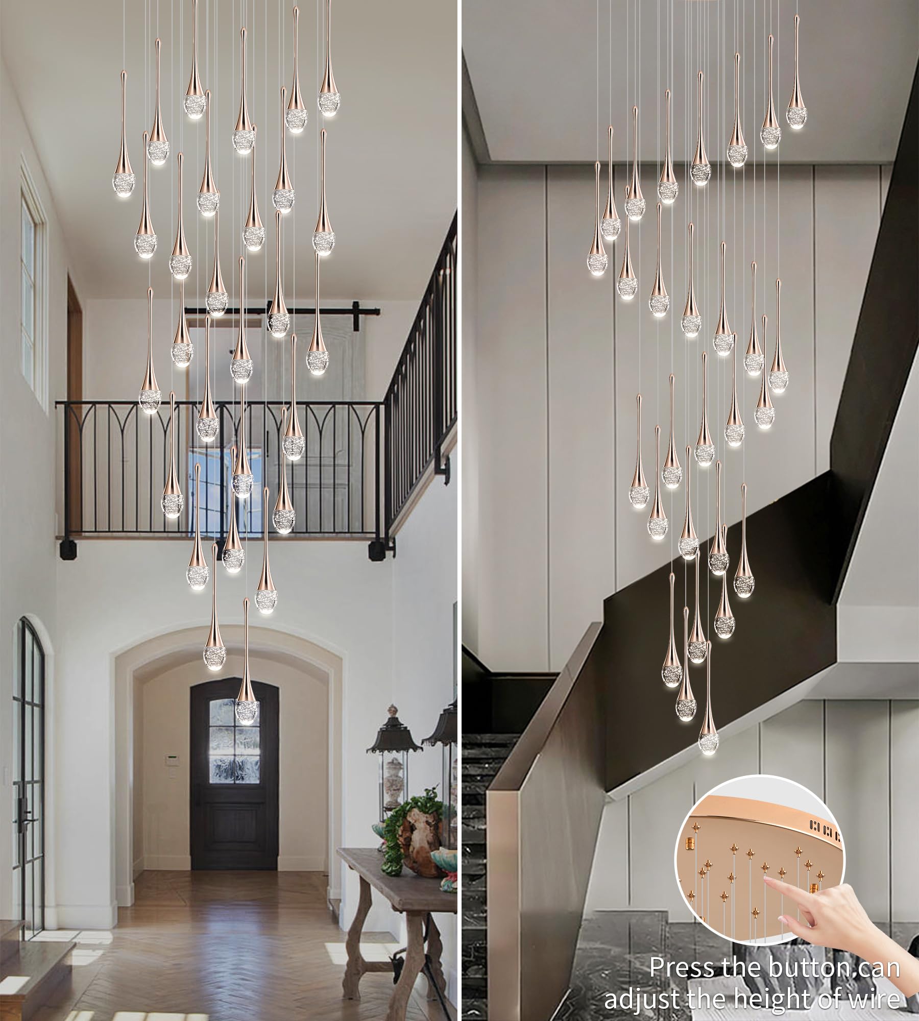 Upfelw 10-Light Modern Crystal Chandelier, Gold, Dimmable LED Raindrop Fixture, H98.5'' for Entryway/Dining Room, Model UCC-G10-043