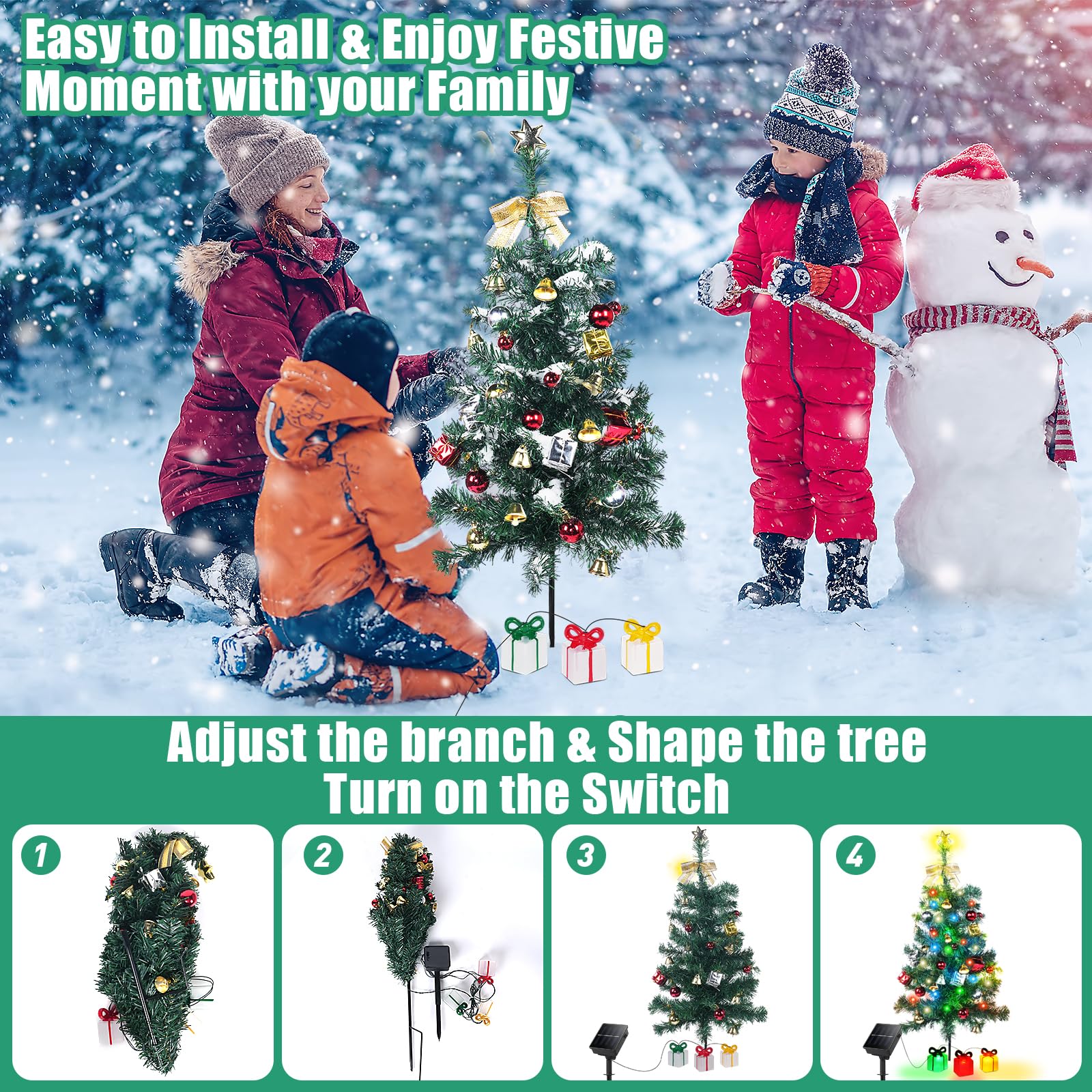 Adecorty Solar Christmas Tree Decorations 2 Pack, 60 LED, 30Inch Mini Prelit, Multicolor, Model ADT-Solar Christmas Tree 2P