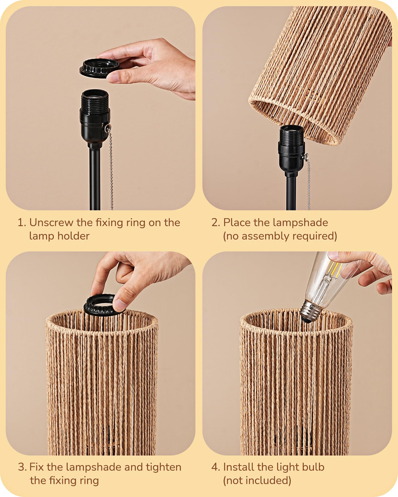 Edishine Tall Table Lamp, 19.1'' Rattan Bedside Lamp With Vertical Woven Shade & Pull Chain Switch, E26 Socket, Metal Base, Boho