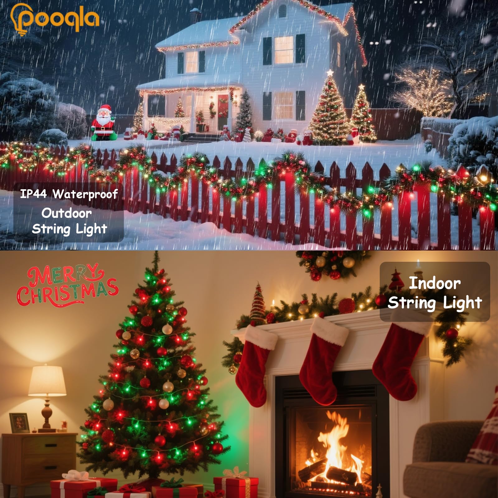 Pooqla Christmas String Lights, 200 LED Twinkle Fairy Lights, 66 ft, Clear Wire, Red and Green, 8 Modes for Indoor Outdoor Use