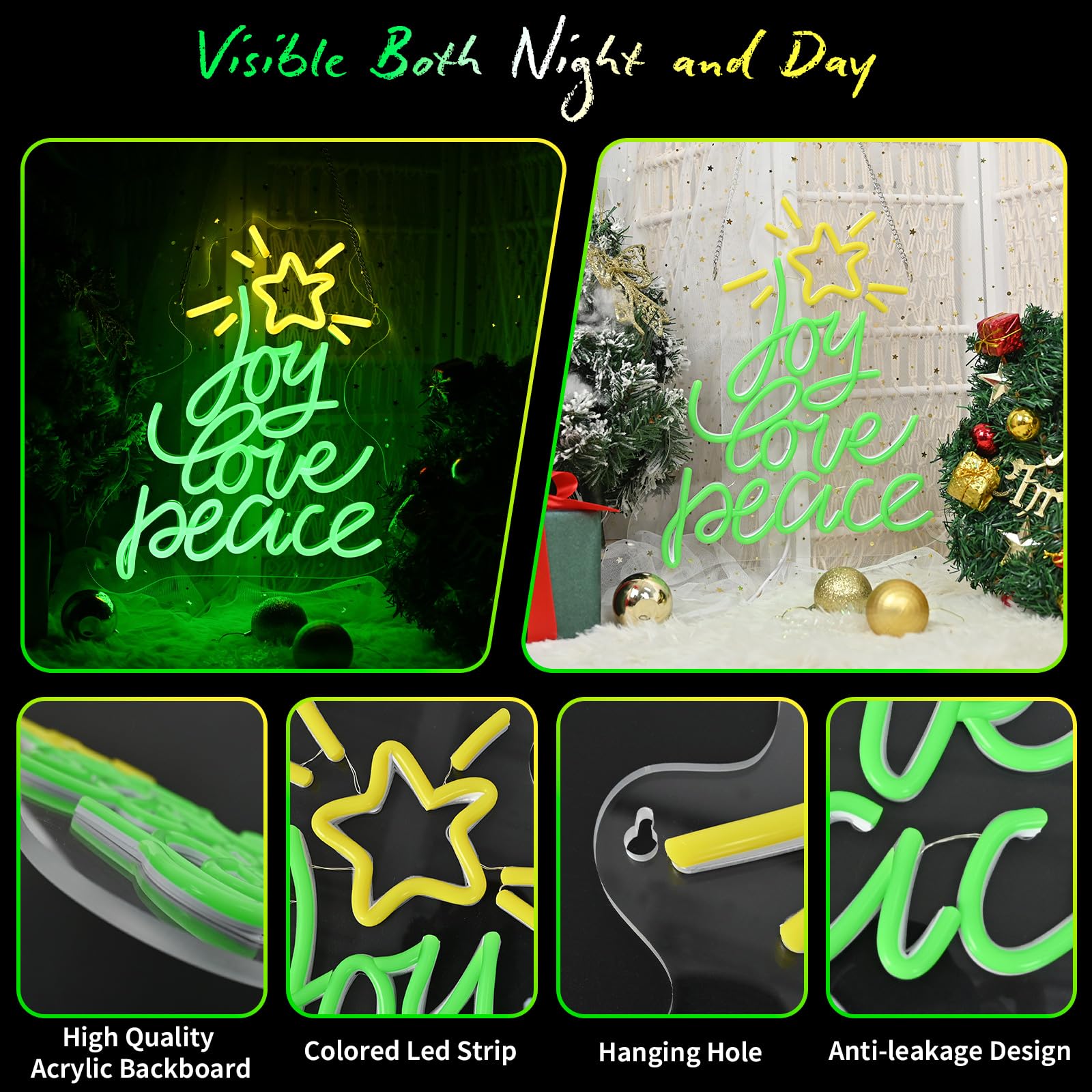 Lingqiang Christmas Tree Neon Sign, USB Powered LED Light, 14.3inx10.6in, Green Yellow - Joy Love Peace, Holiday Wall Decor