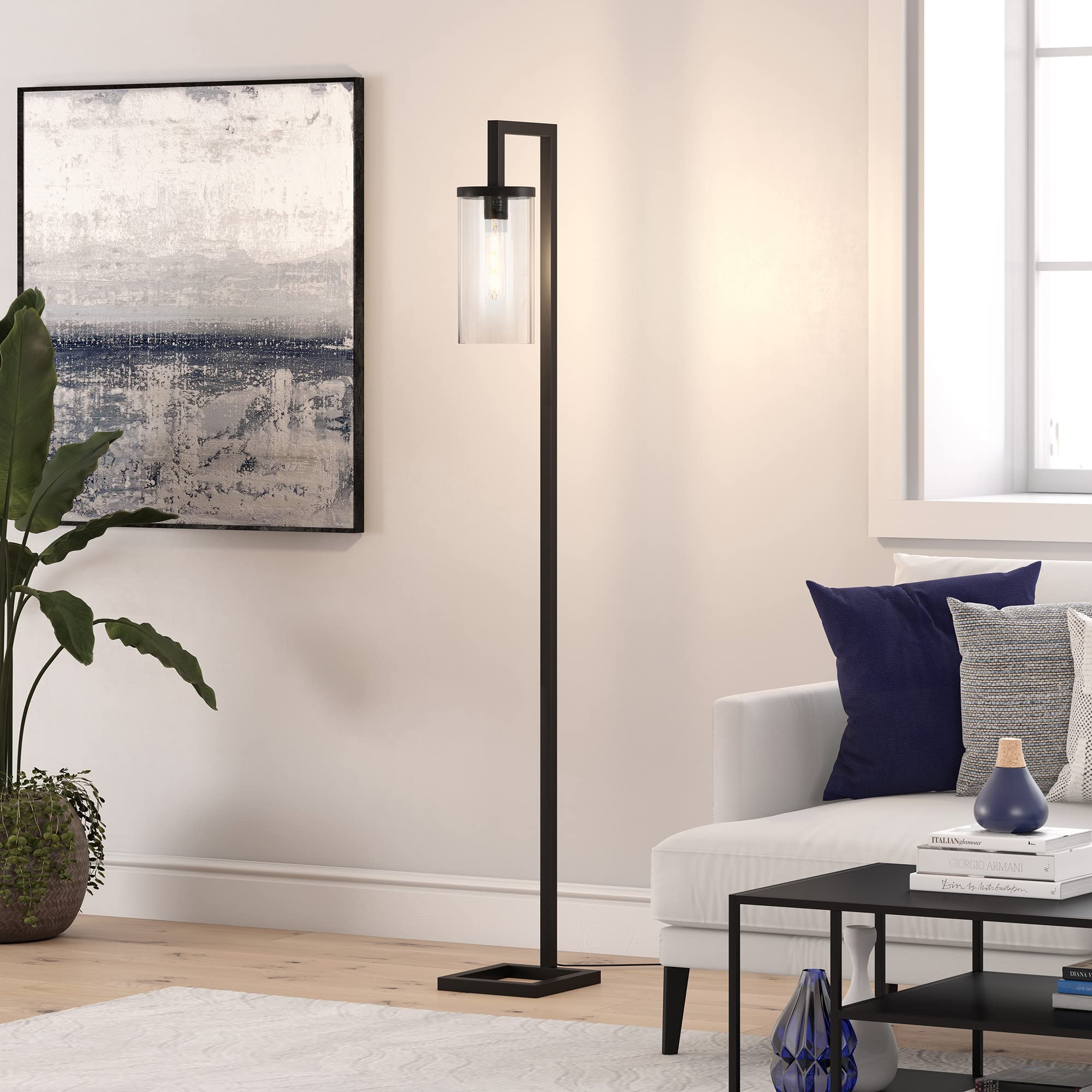 Henn&Hart 67.75'' Tall Floor Lamp With Glass Shade In Blackened Bronze/Clear, Floor Lamp For Home Office, Bedroom, Living Room