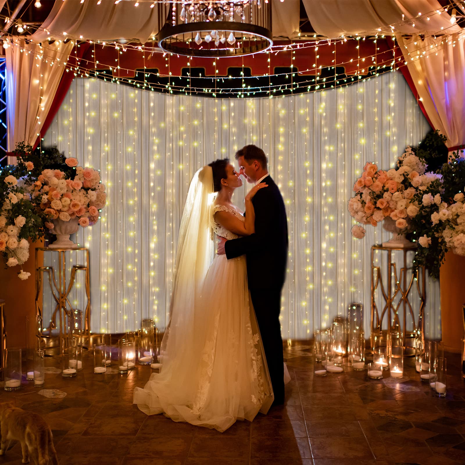 Tulle Backdrop Curtains with 300 LED Lights String for Wedding Backdrop Bridal Shower Party White Backdrop Fabric Drapes with US